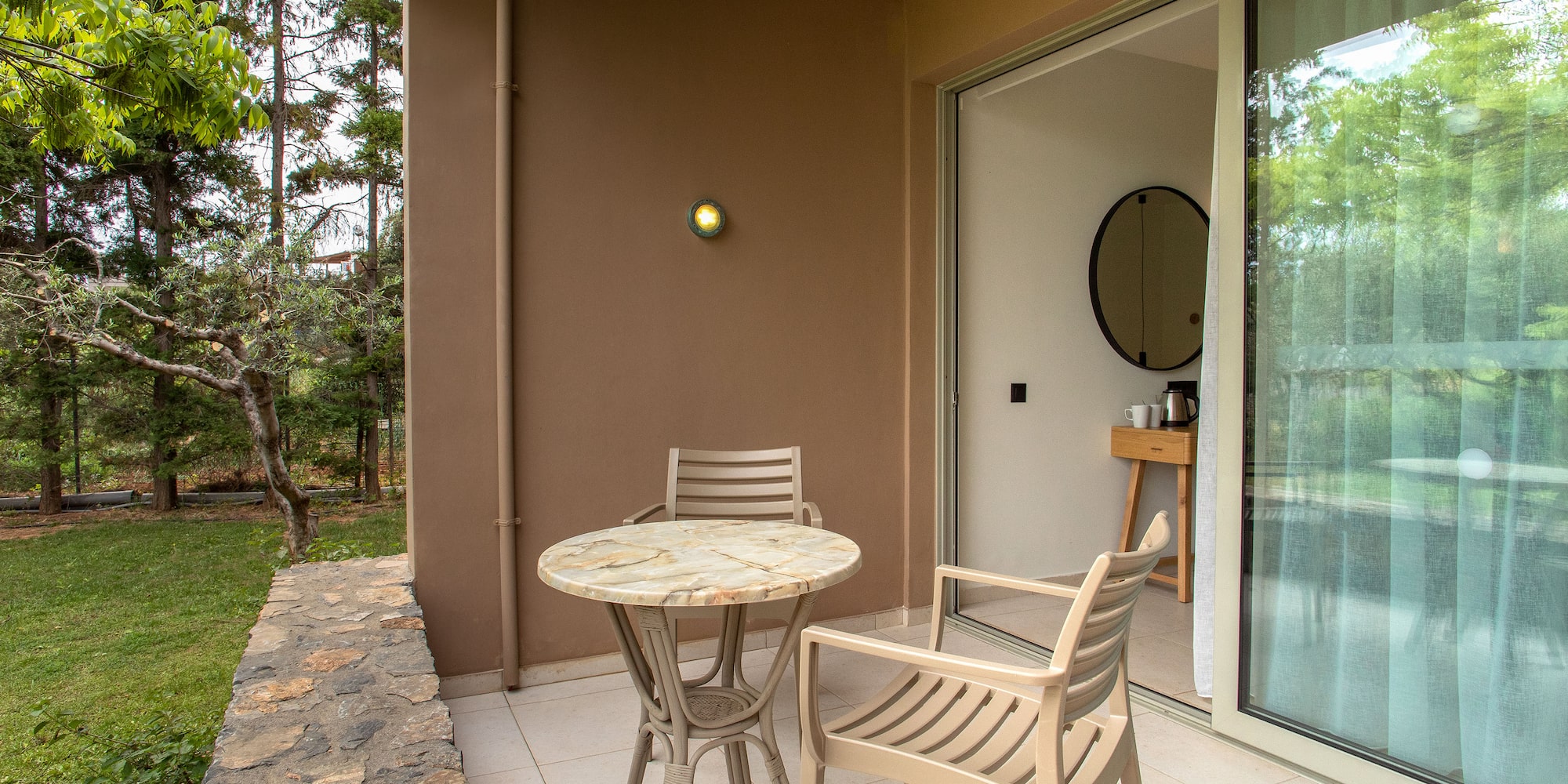 a table and chairs on a patio