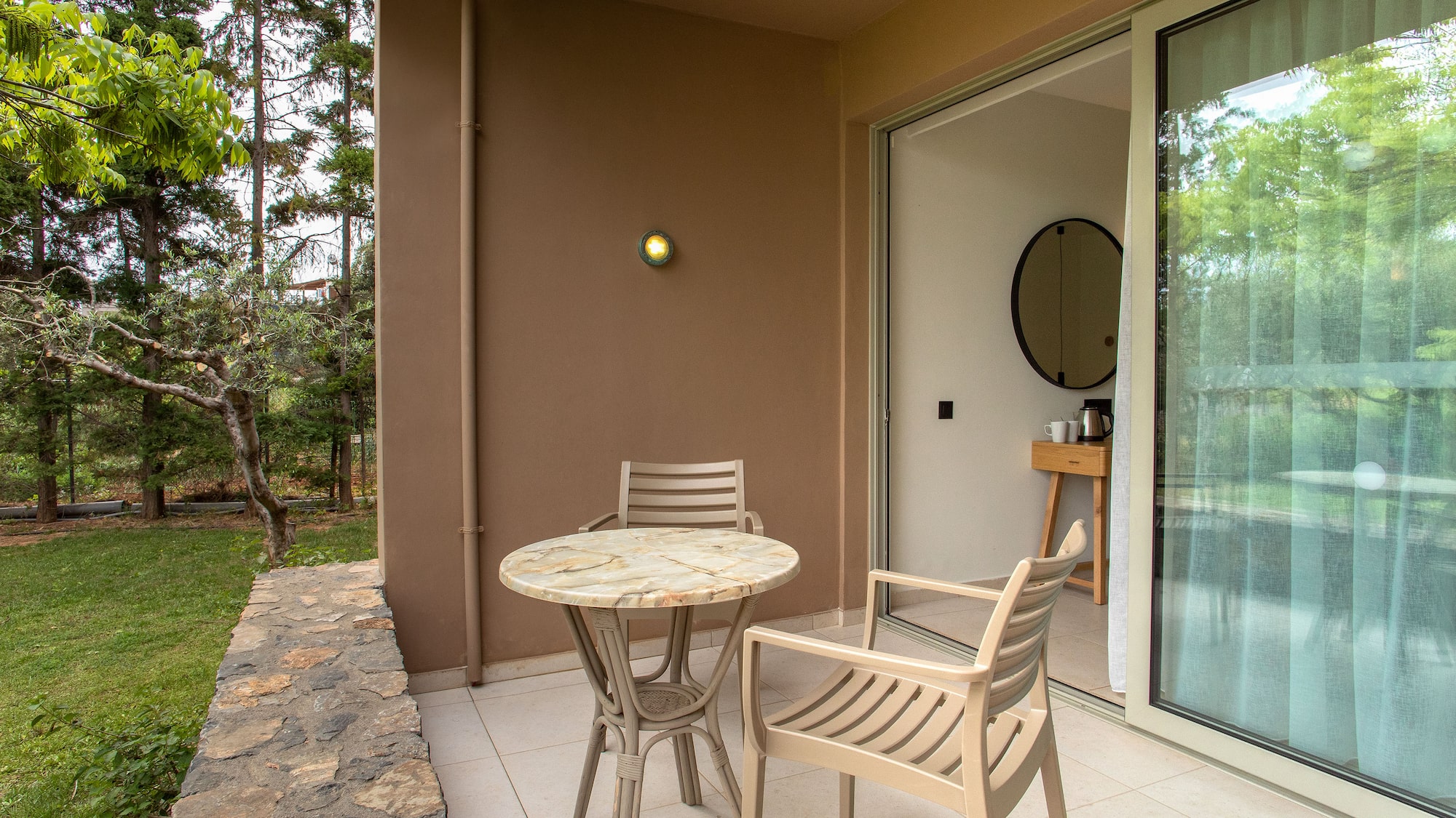 a table and chairs on a patio