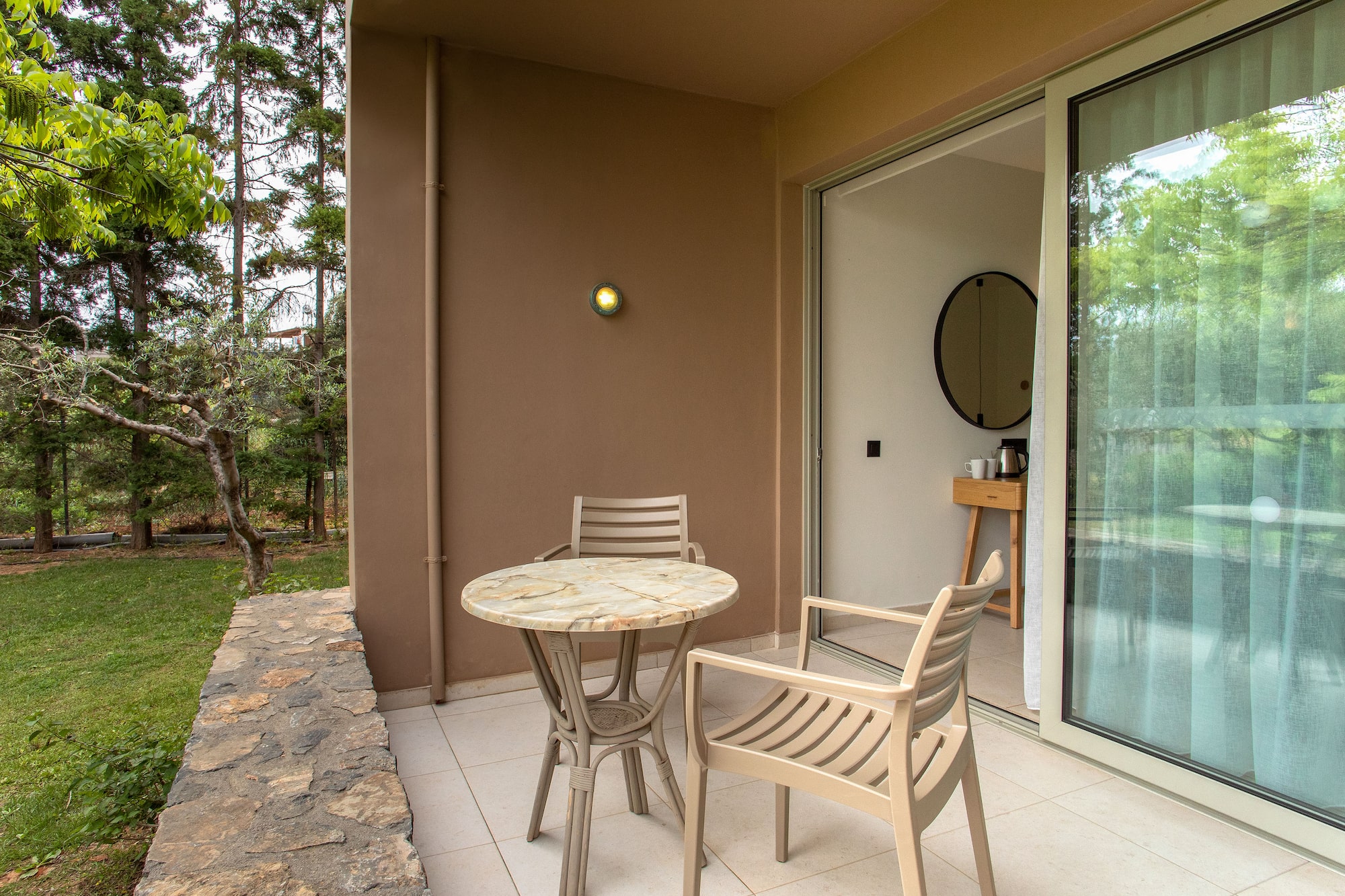 a table and chairs on a patio