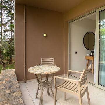 a table and chairs on a patio