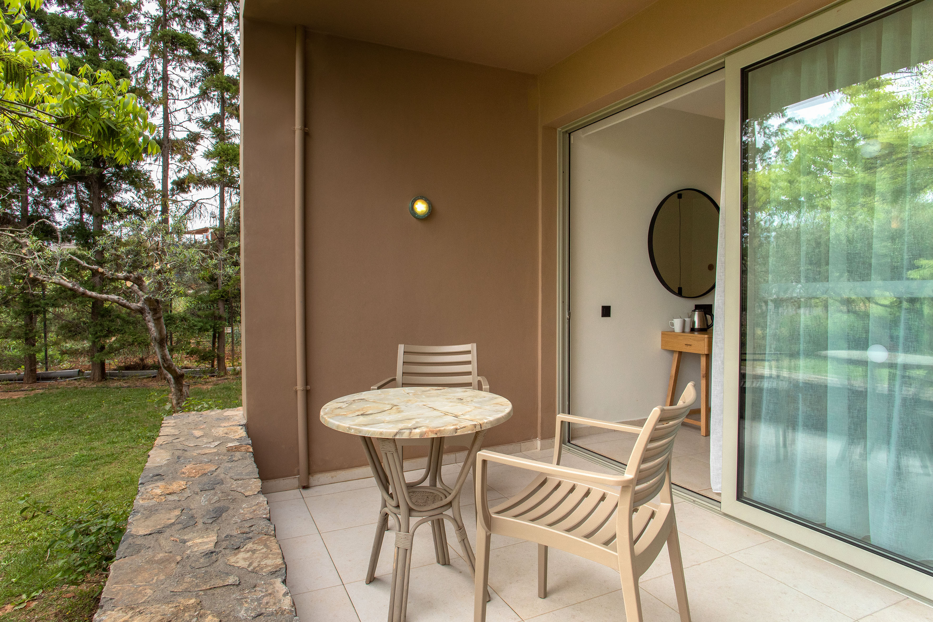 a table and chairs on a patio