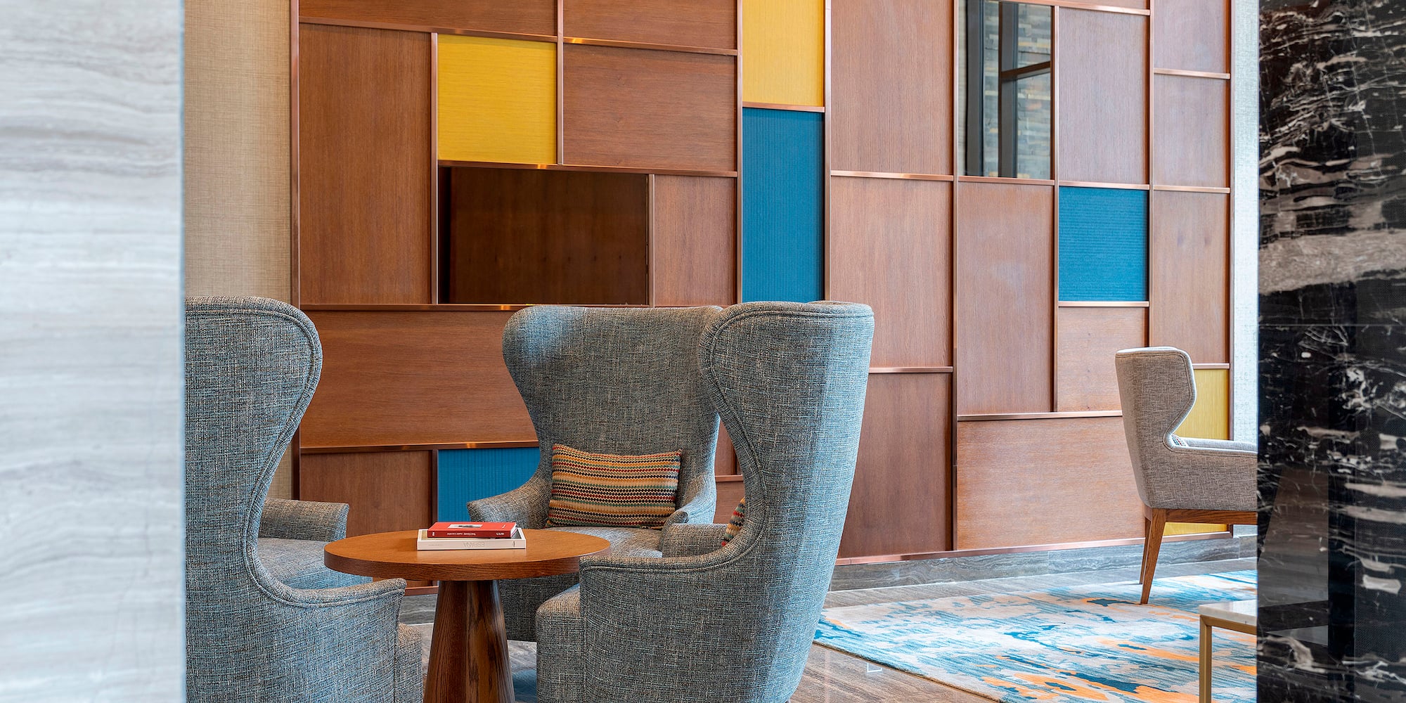 a room with chairs and a table