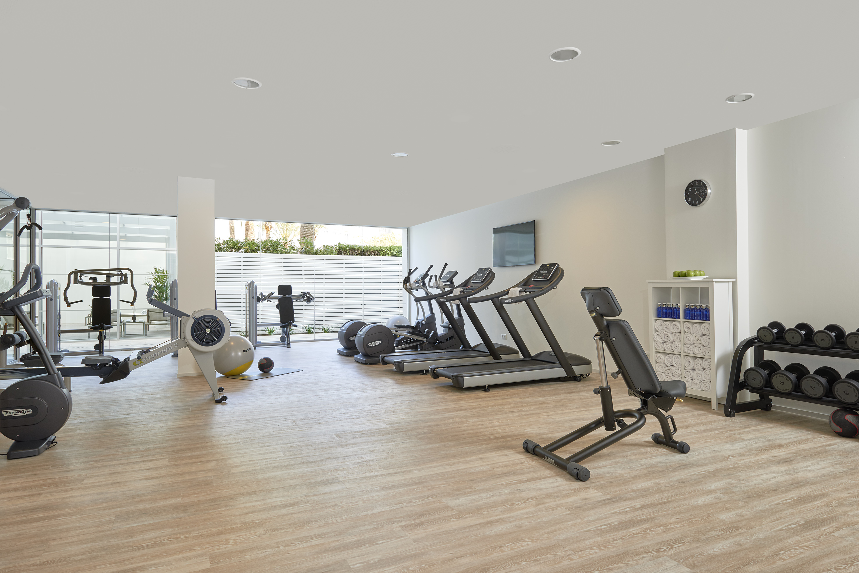 Bright, modern gym with treadmills, rowing machine, weight bench, and dumbbells.