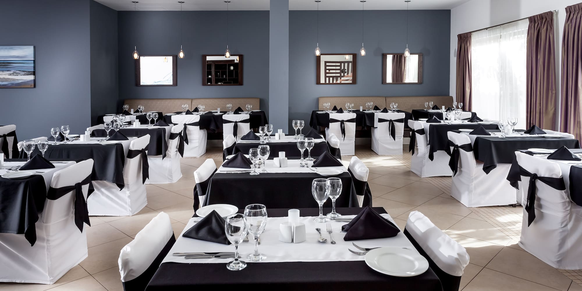 a room with tables and chairs