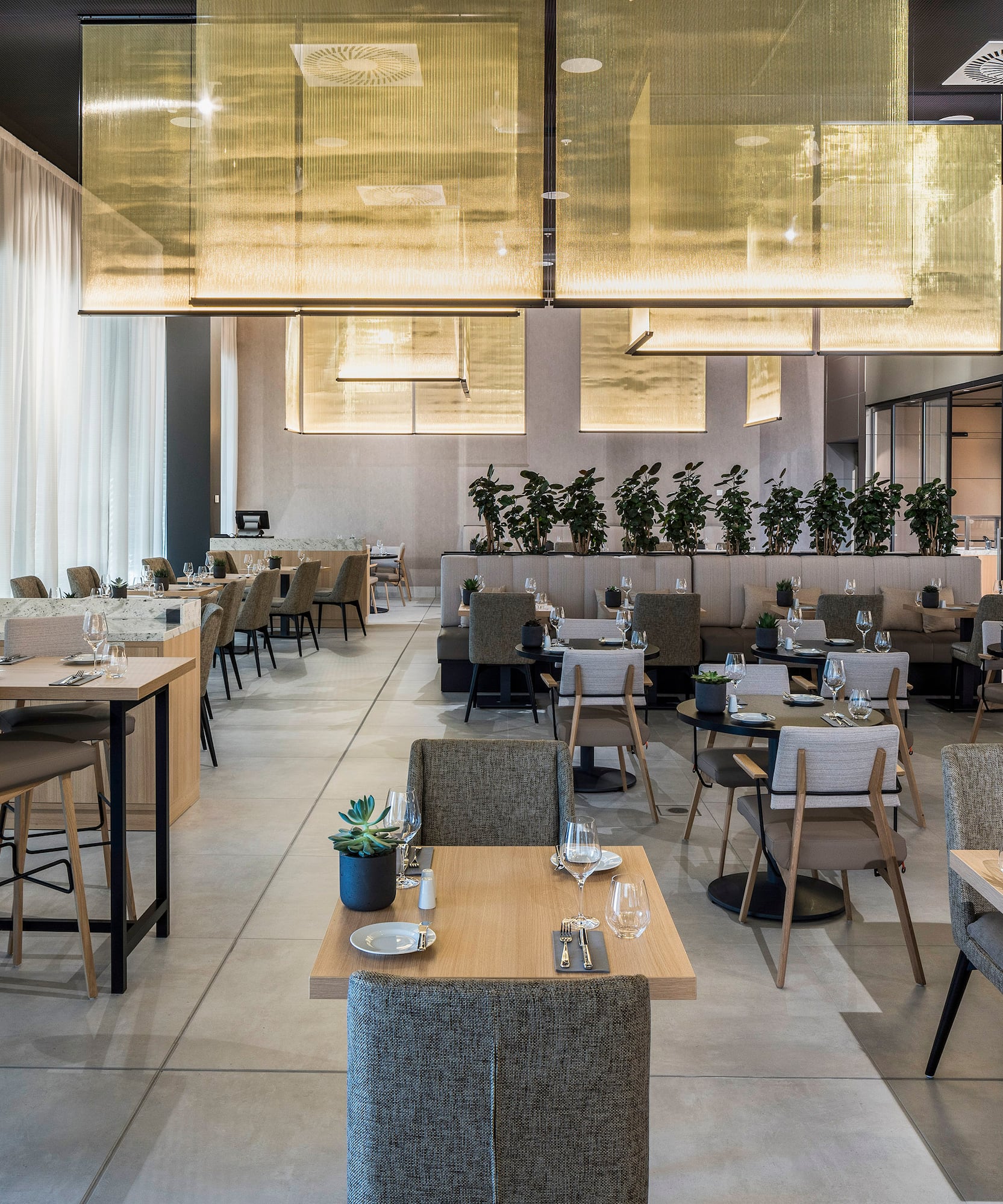 a large room with tables and chairs