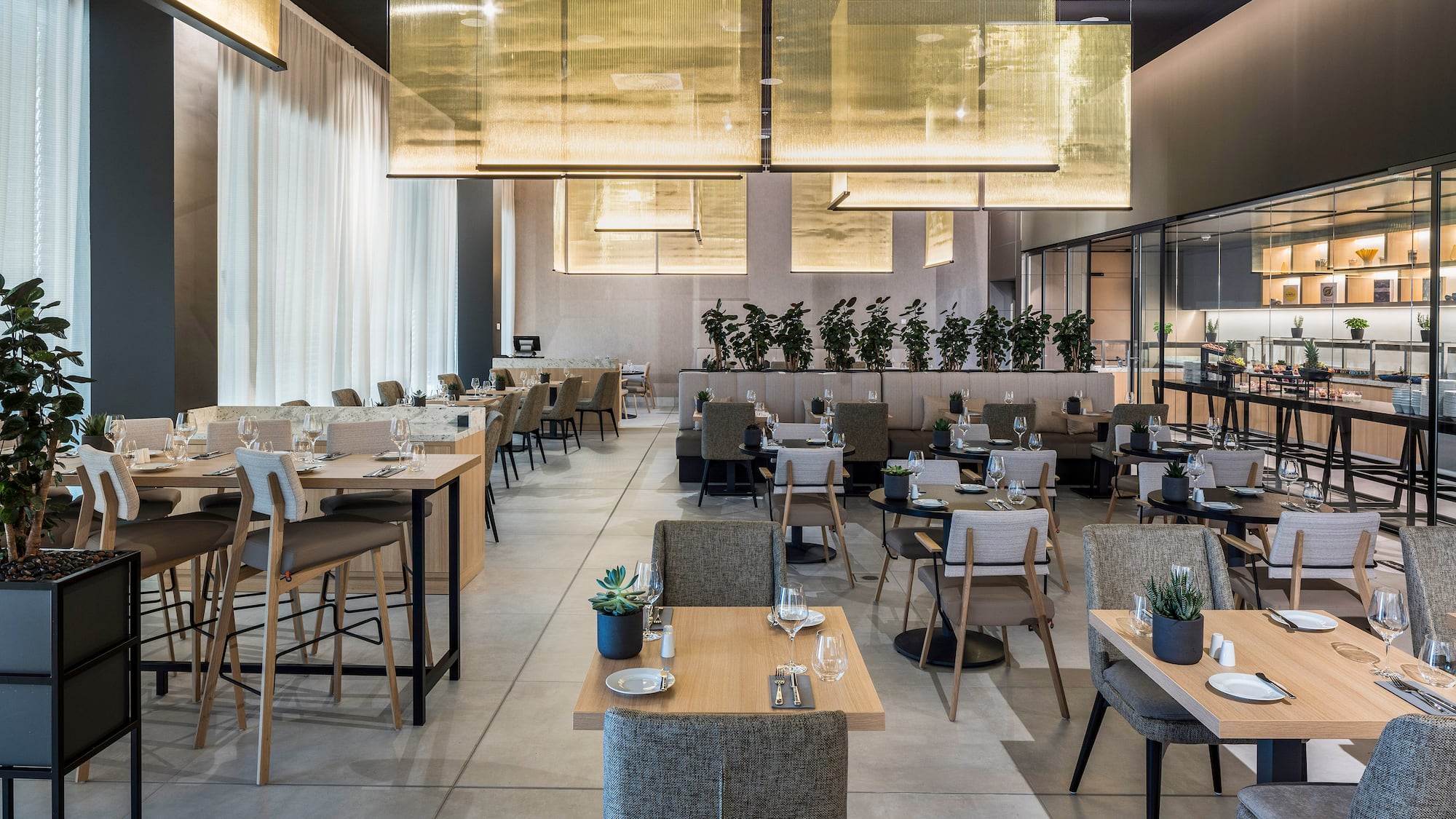 a large room with tables and chairs