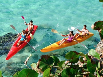 a group of people in kayaks on the water