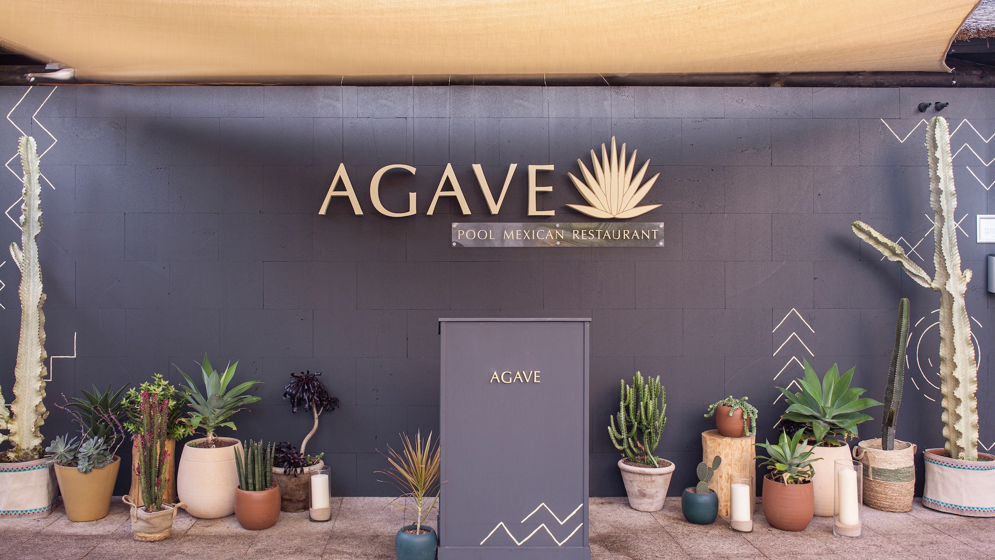 a sign with plants in pots