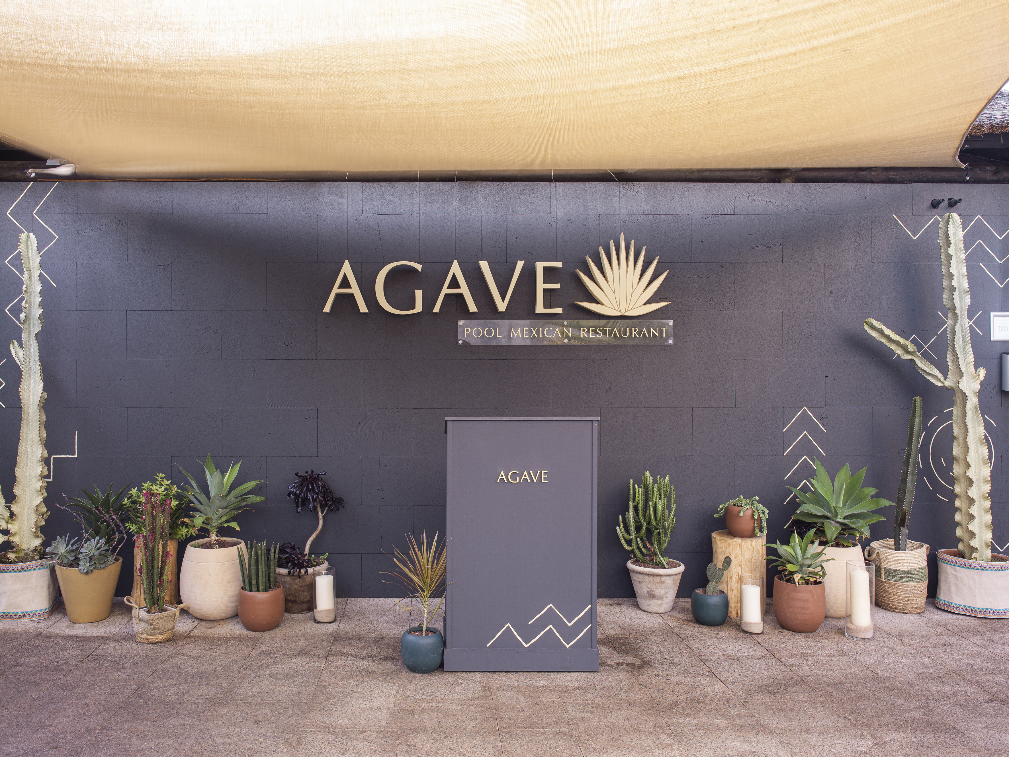 Agave Pool Mexican Restaurant entrance with logo, welcome stand, succulents, and cacti.