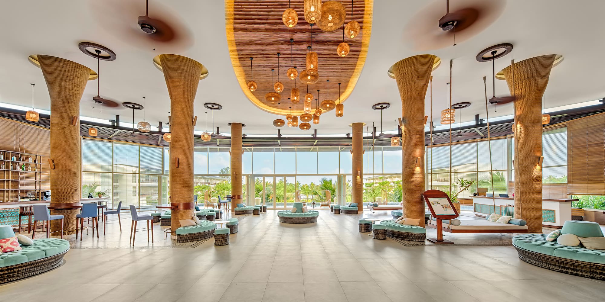 a large room with a large ceiling and a large window