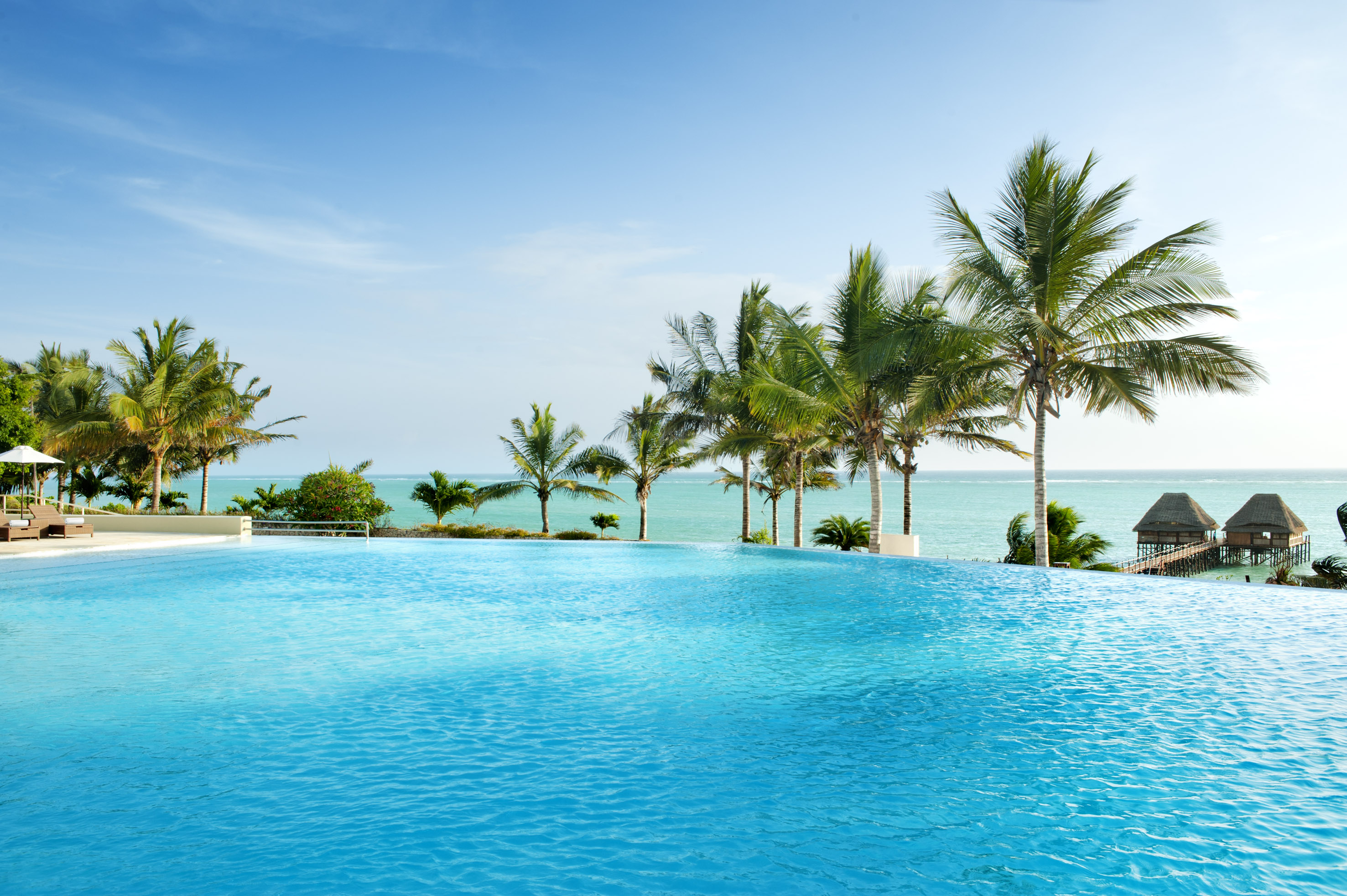 Infinity pool overlooking tropical ocean with palm trees and bungalows.