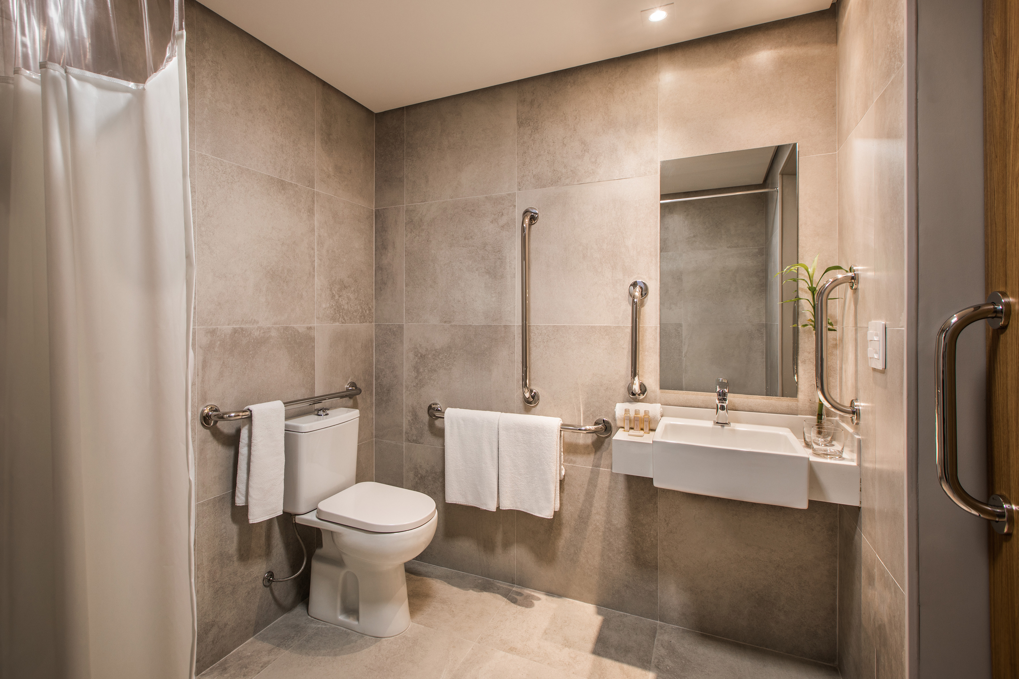 Modern accessible bathroom with grab bars, toilet, sink, shower curtain.