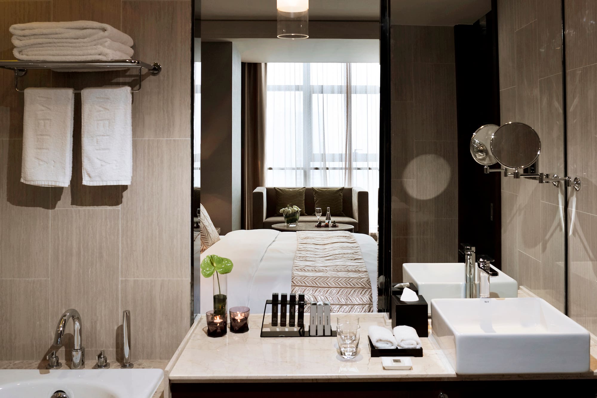 a bathroom with a mirror and a bed