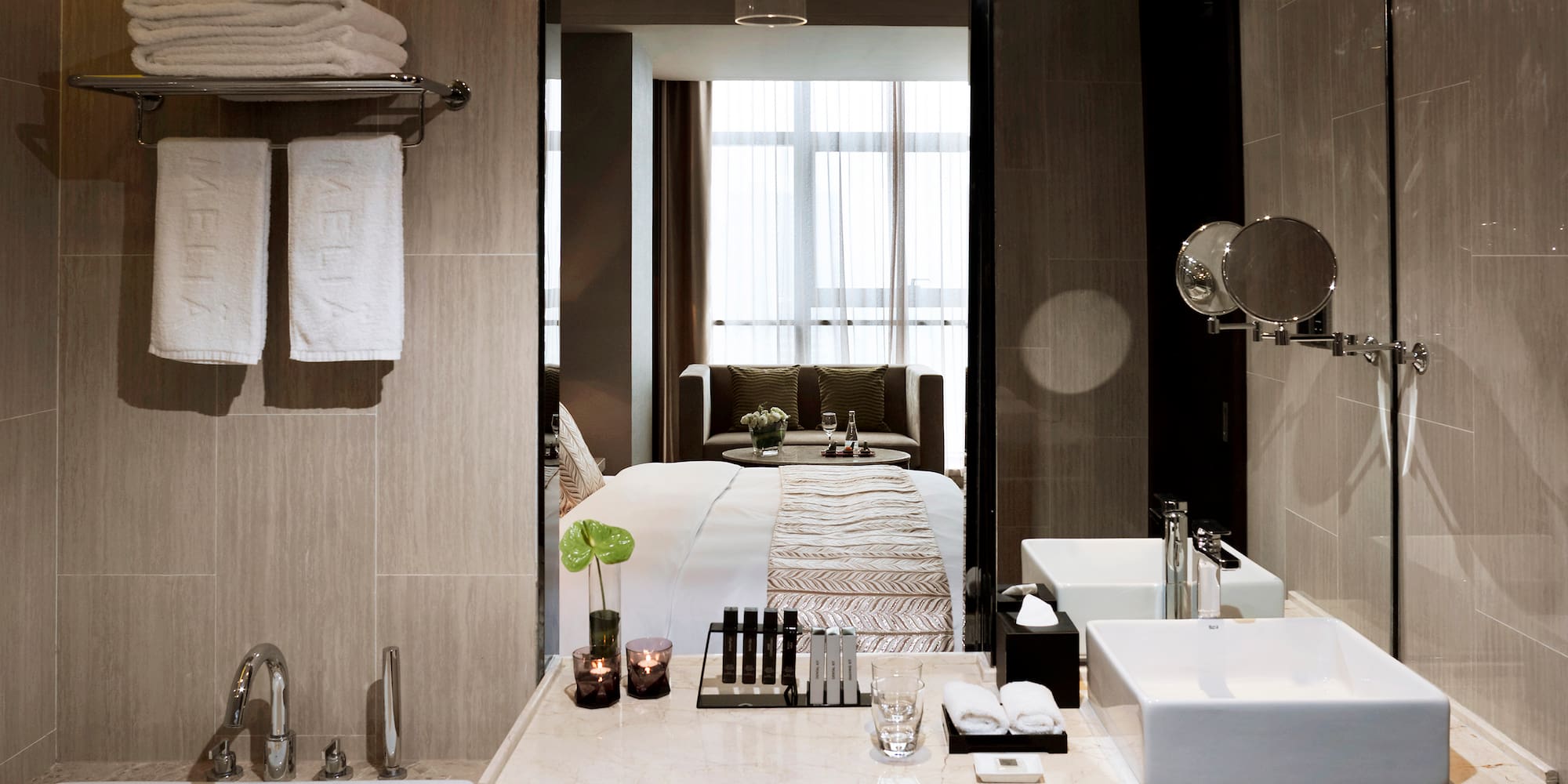 a bathroom with a mirror and a bed