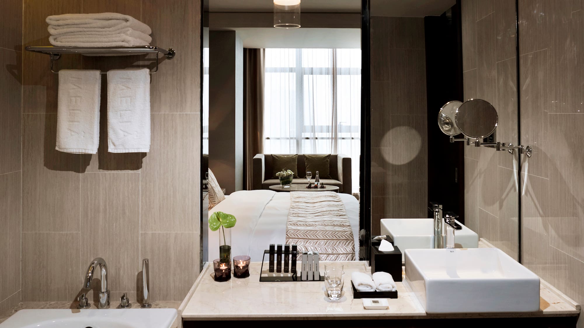 a bathroom with a mirror and a bed