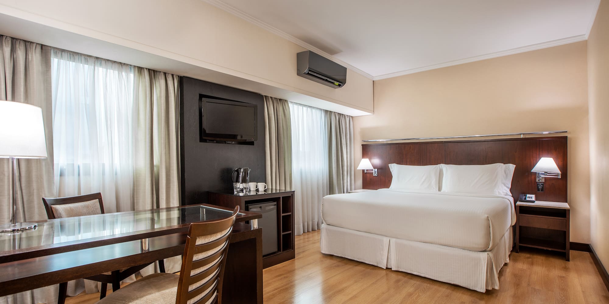 a room with a bed and a table