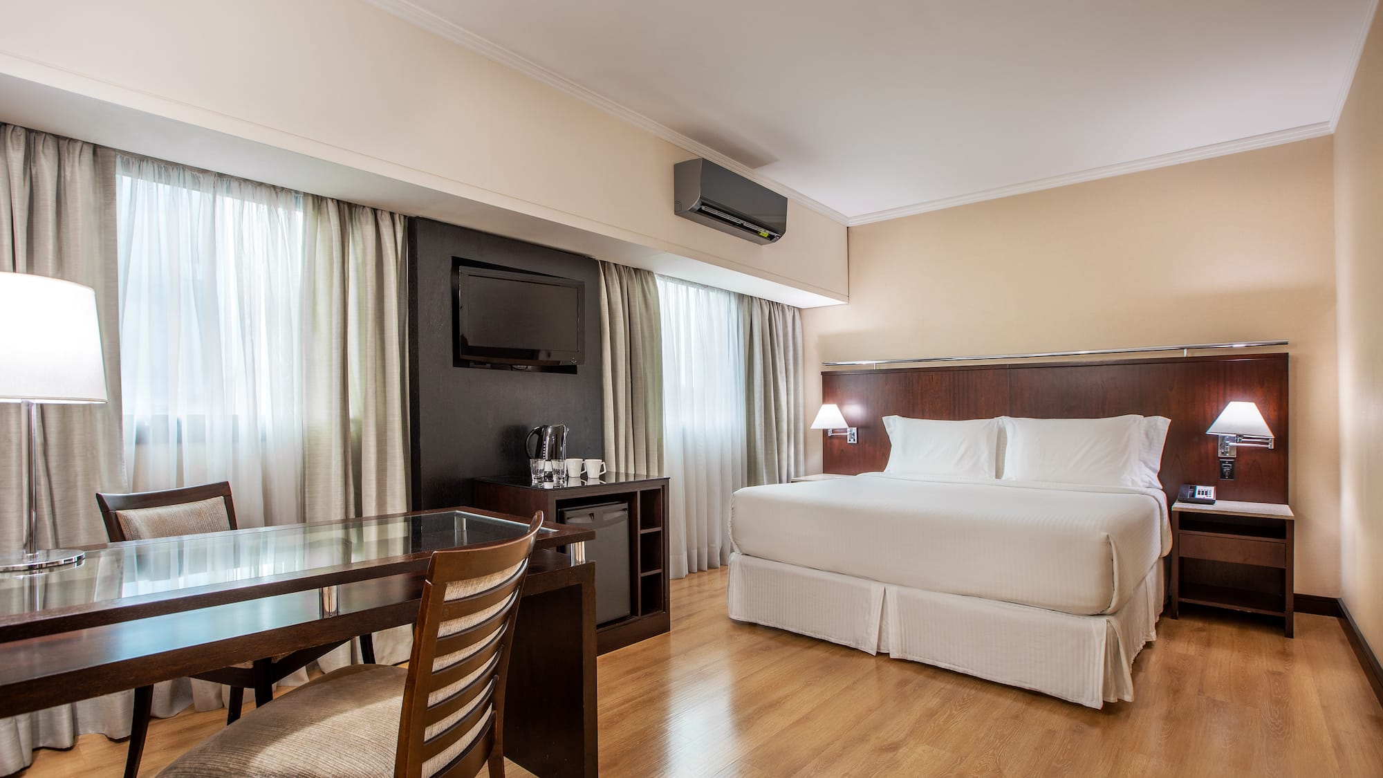 a room with a bed and a table