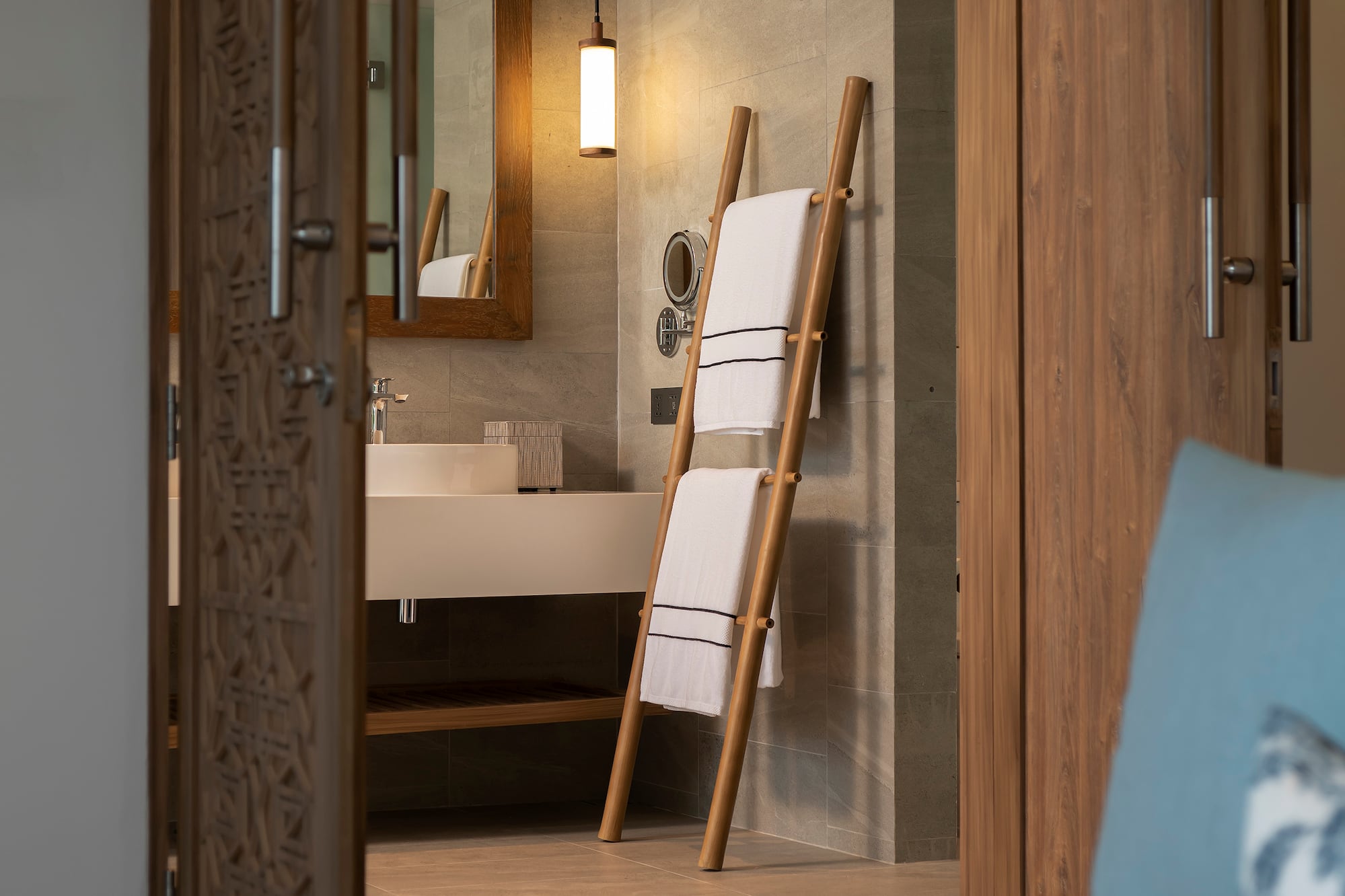 a bathroom with a mirror and a towel rack