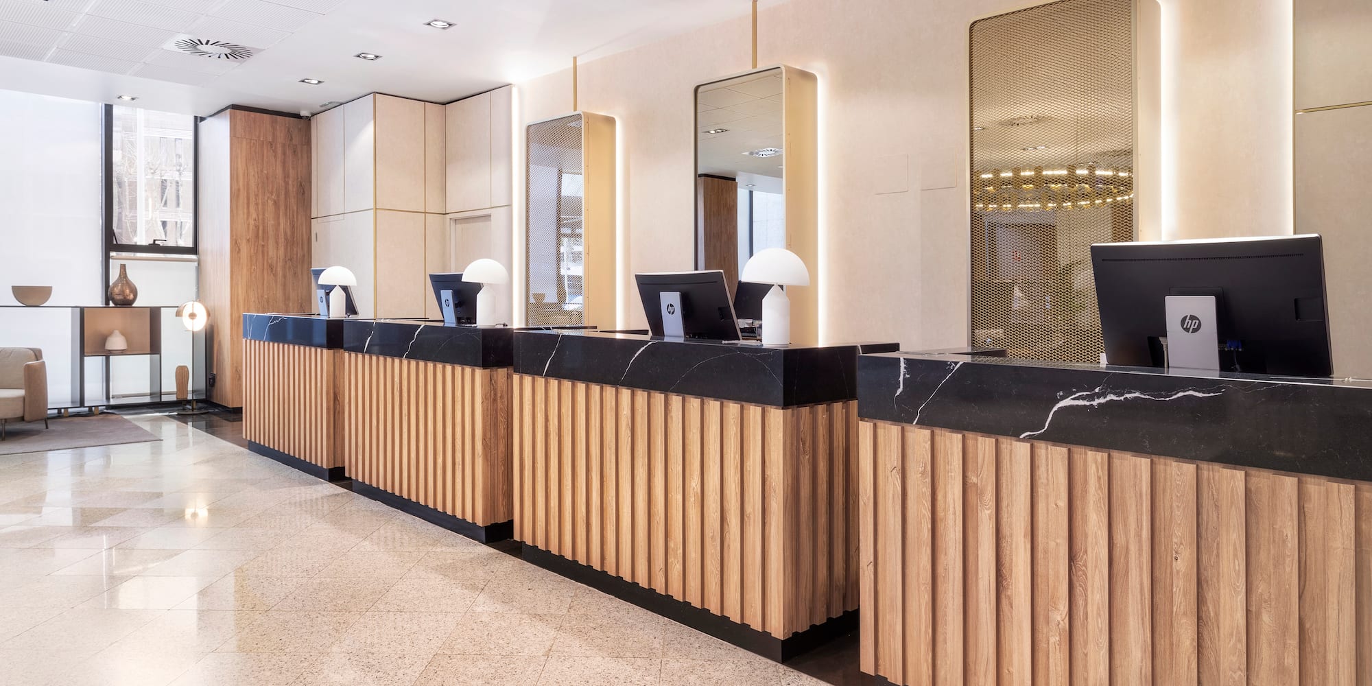 a reception desks in a hotel