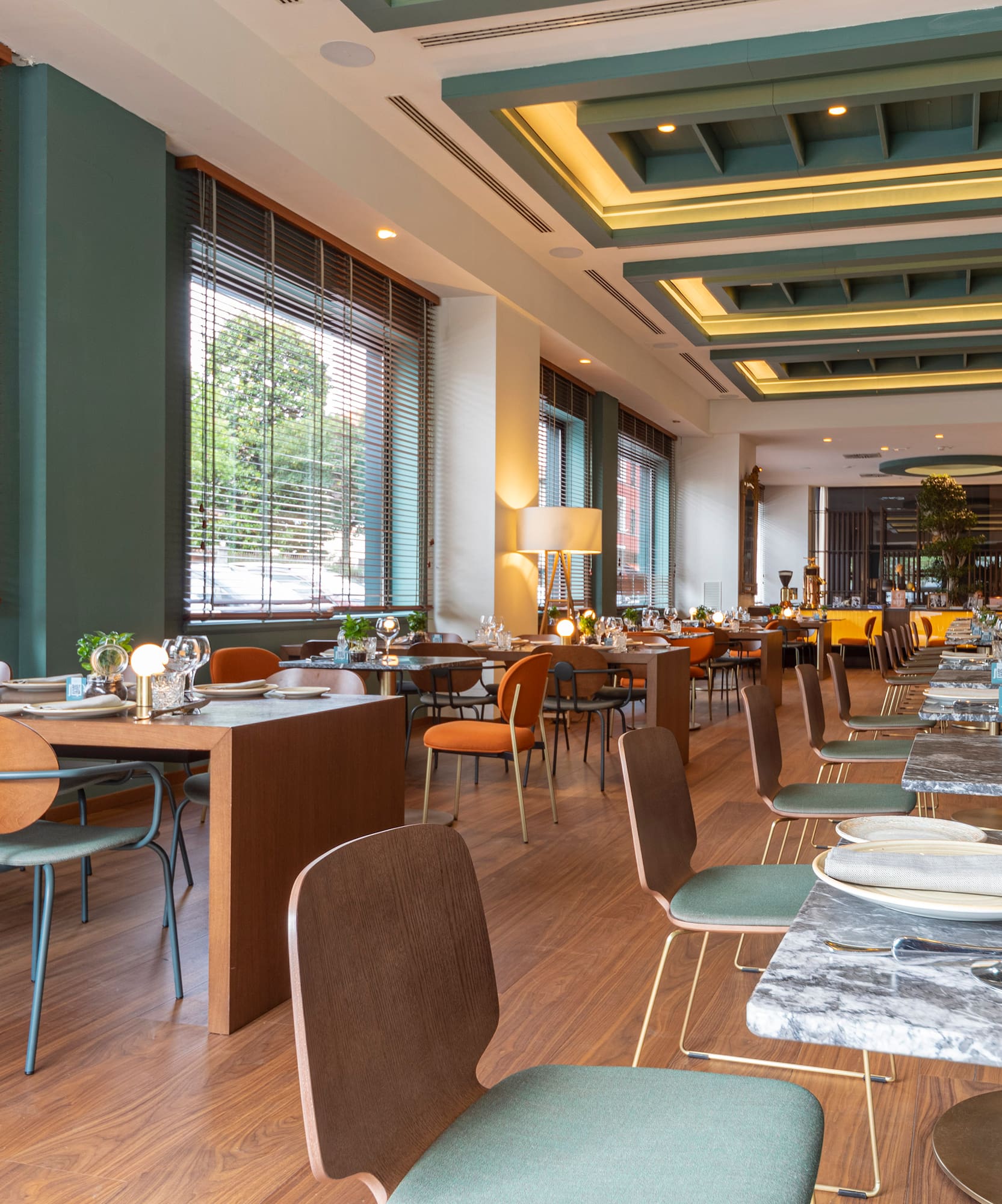 a room with tables and chairs