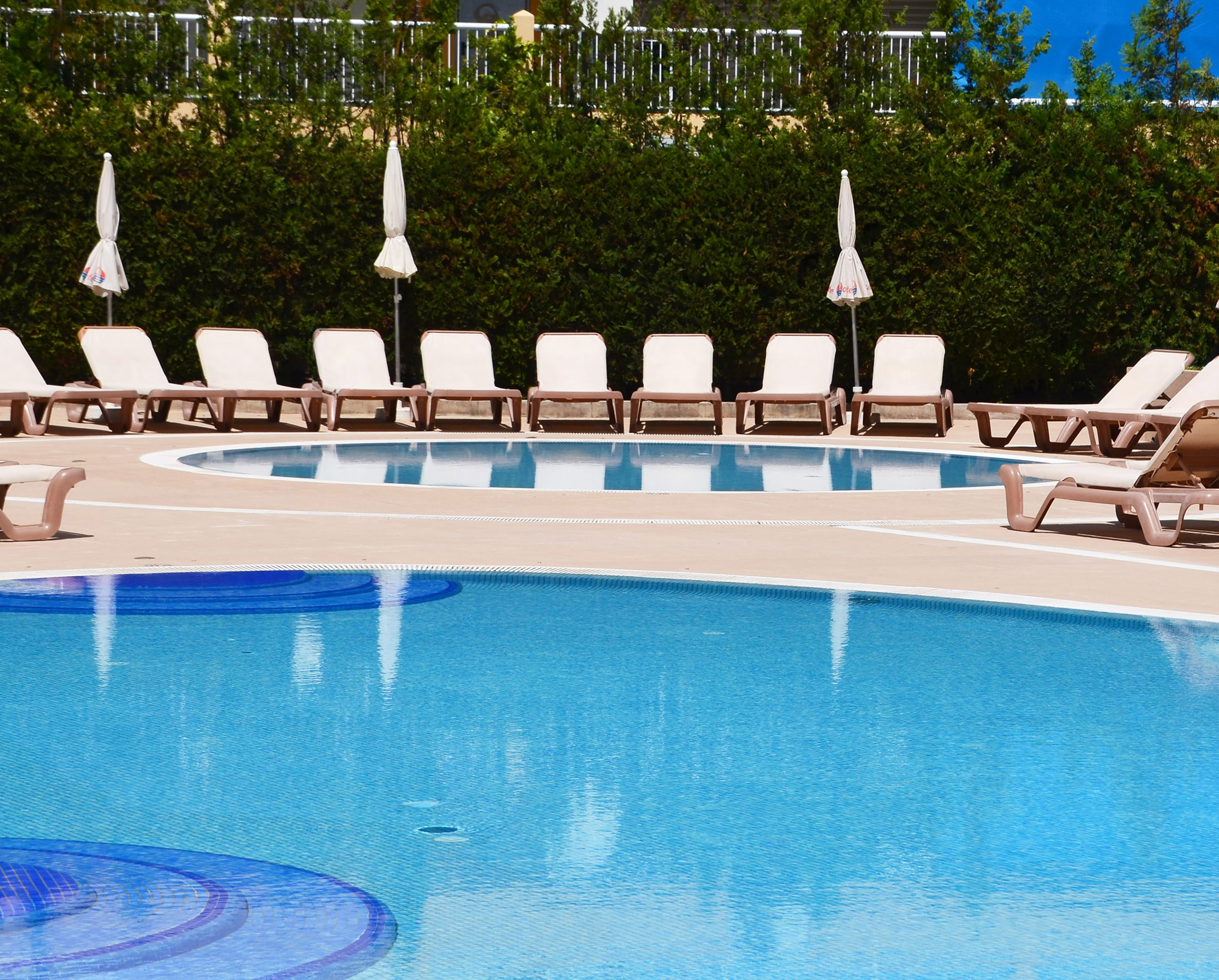 Resort swimming pool with lounge chairs, closed umbrellas, and green hedge.