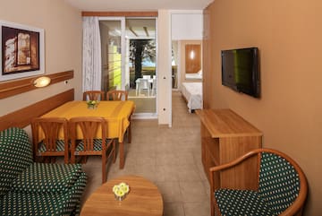 a room with a television and a table