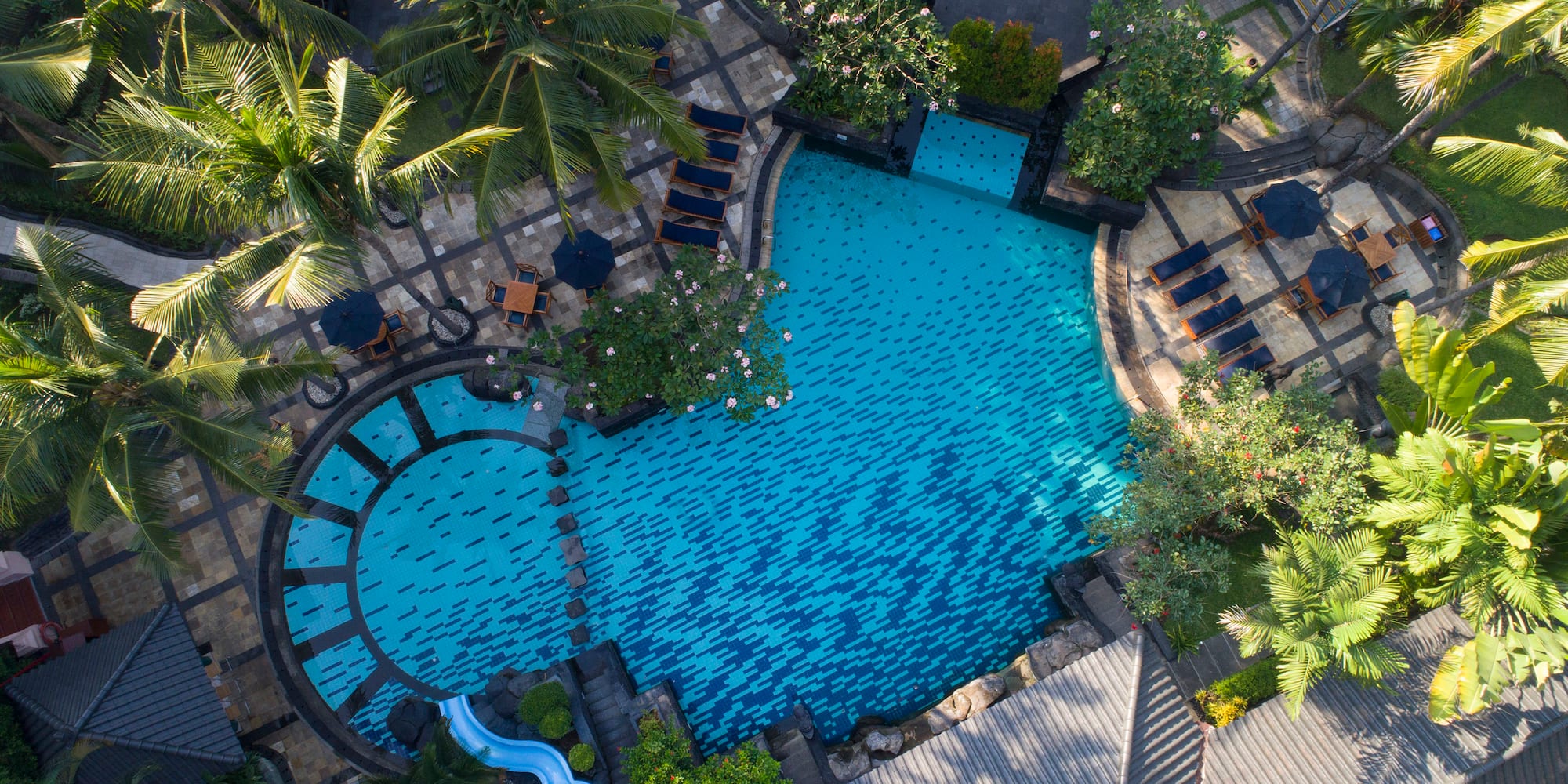 a swimming pool with trees and a pool
