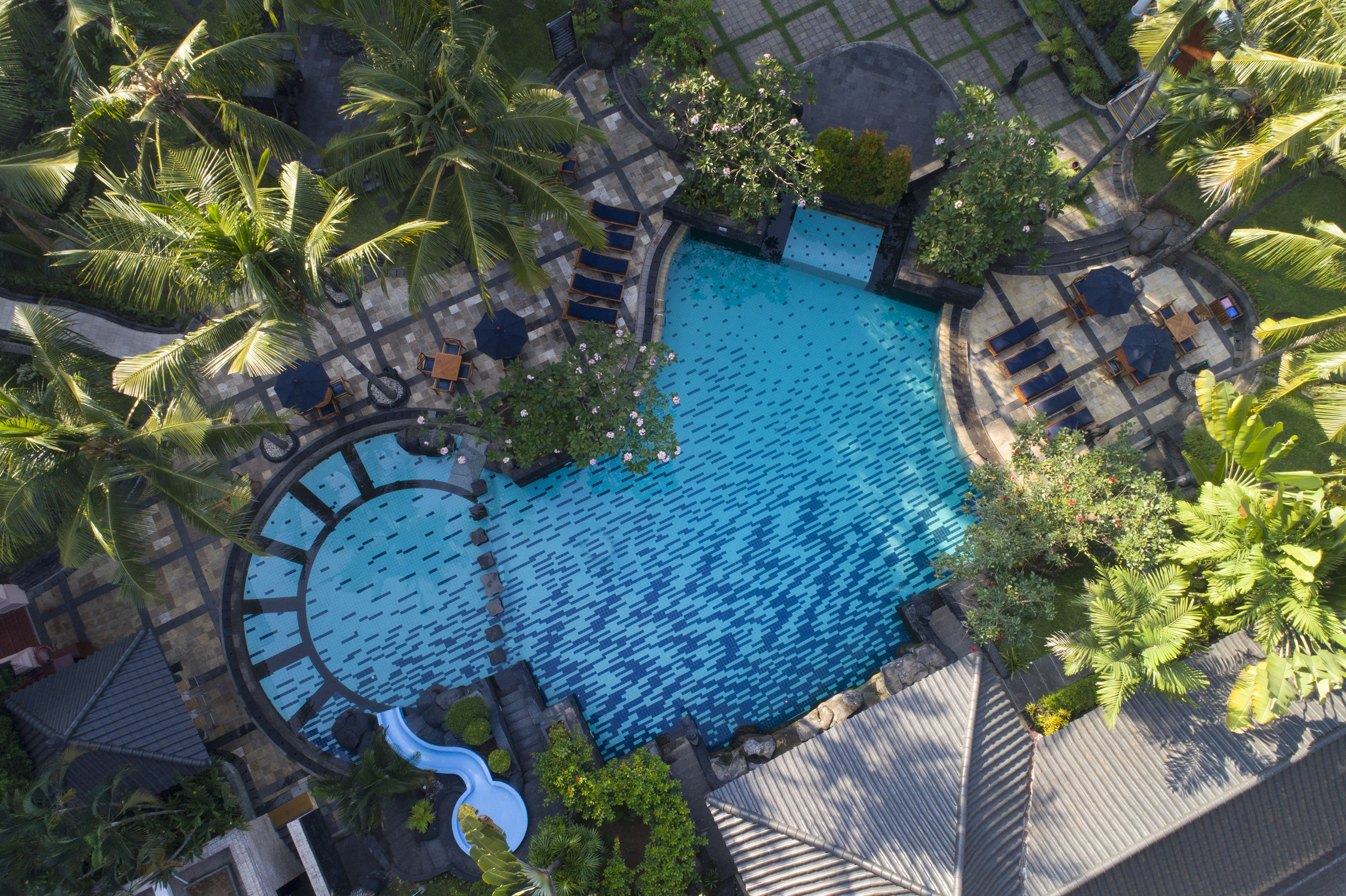 a swimming pool with trees and a pool
