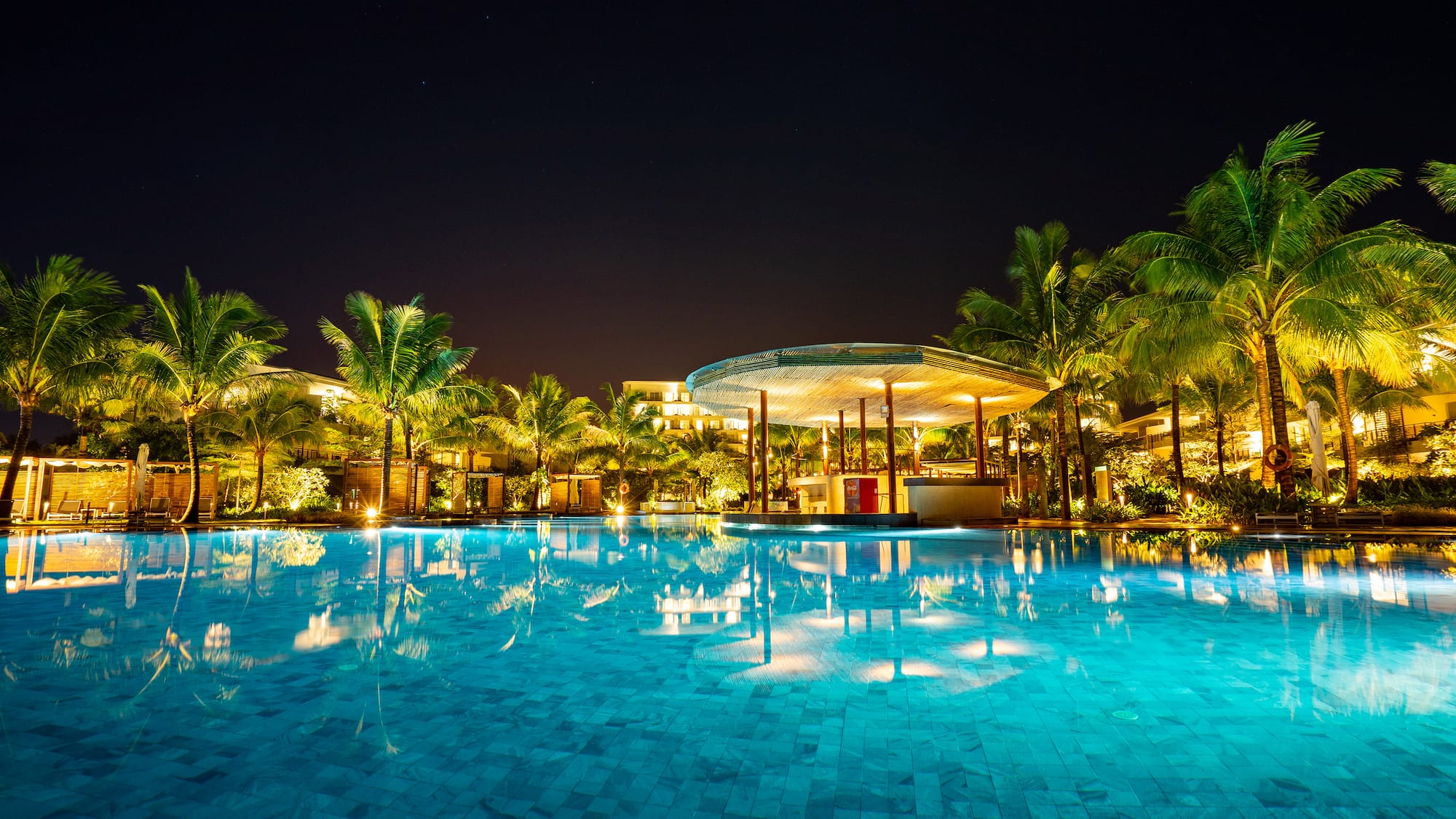 a pool with palm trees and a building at night