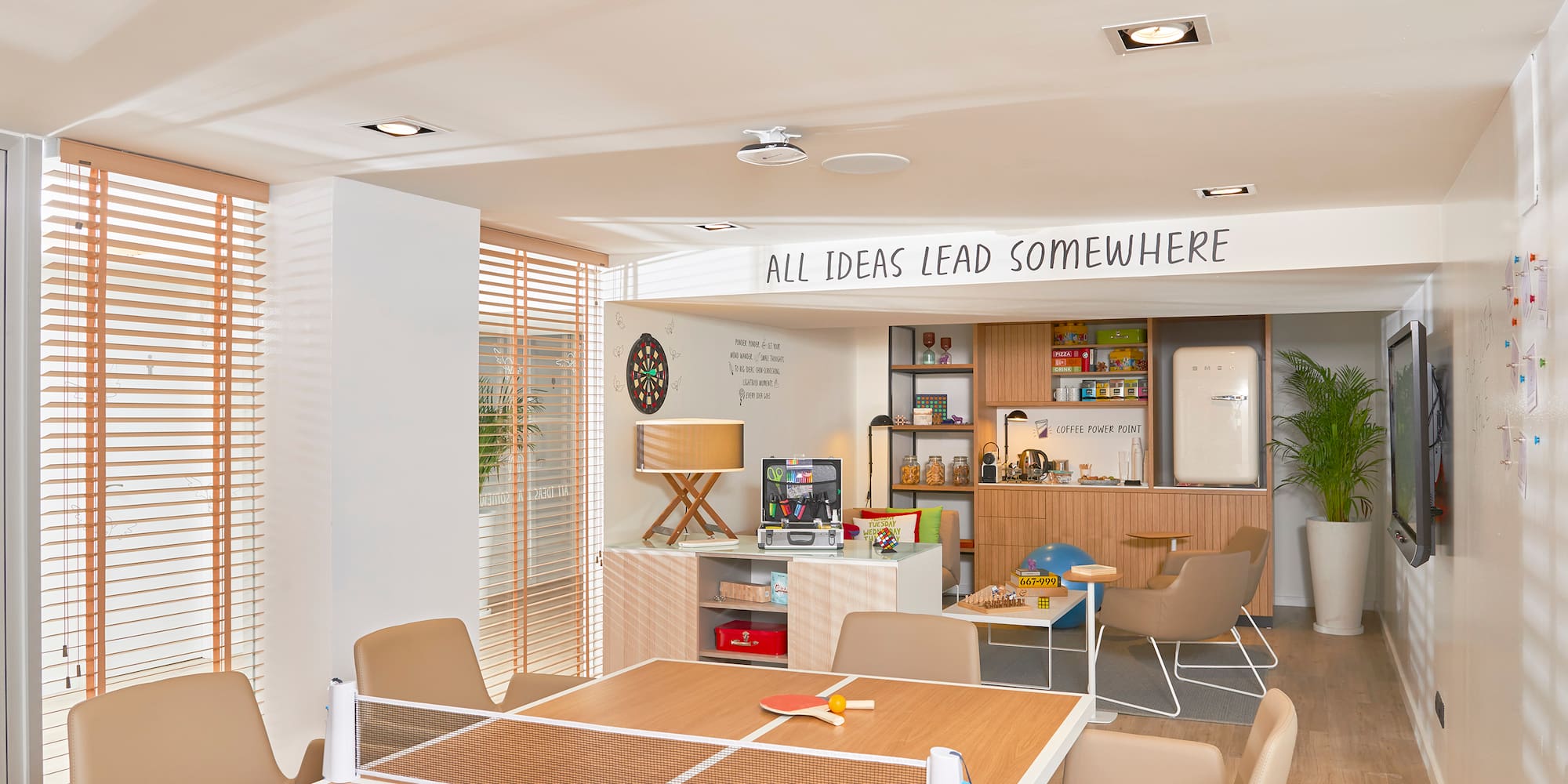 a room with tables and chairs