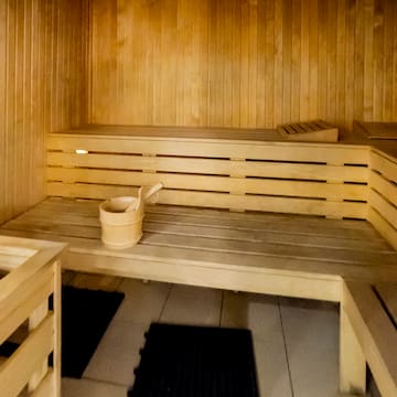 a wooden bench in a sauna