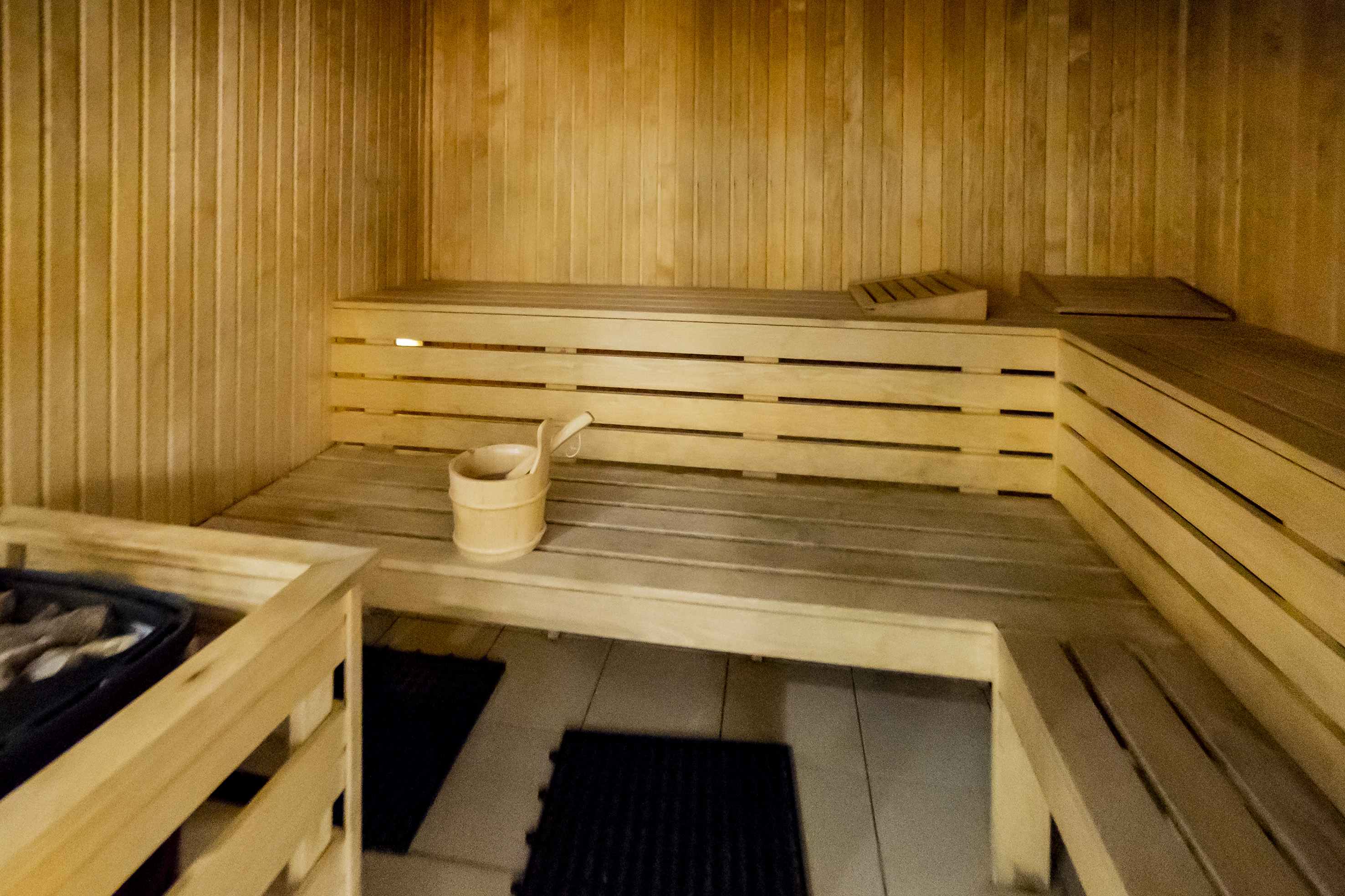 Empty wooden sauna with layered benches and water bucket.