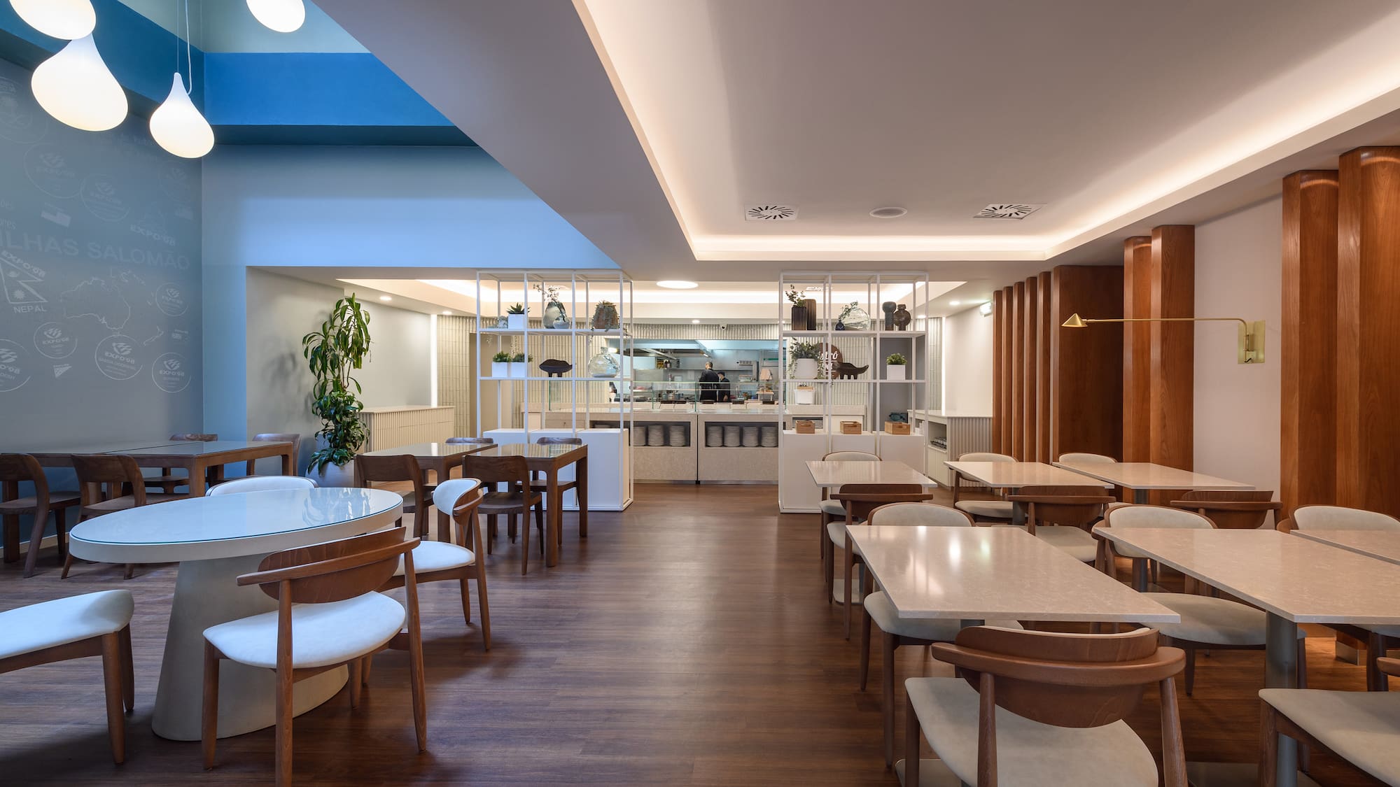 a room with tables and chairs