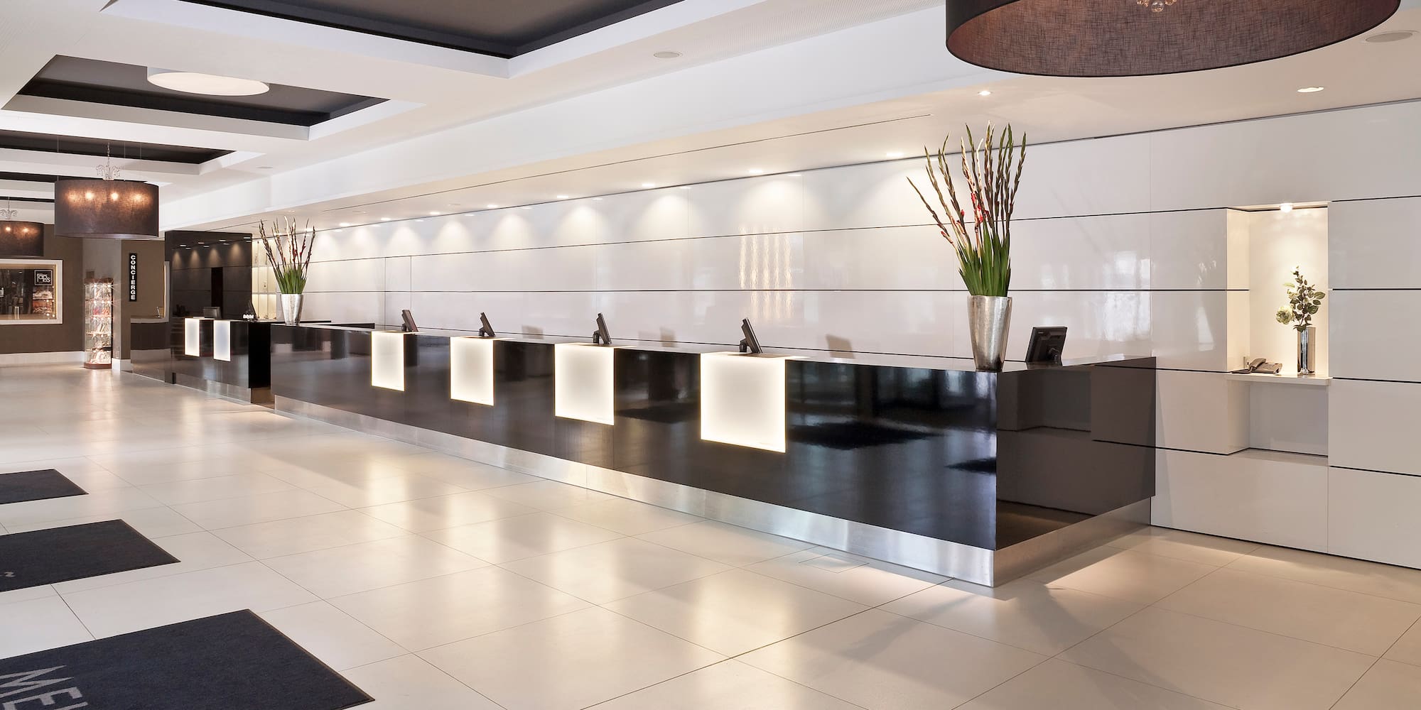 a reception desk in a hotel