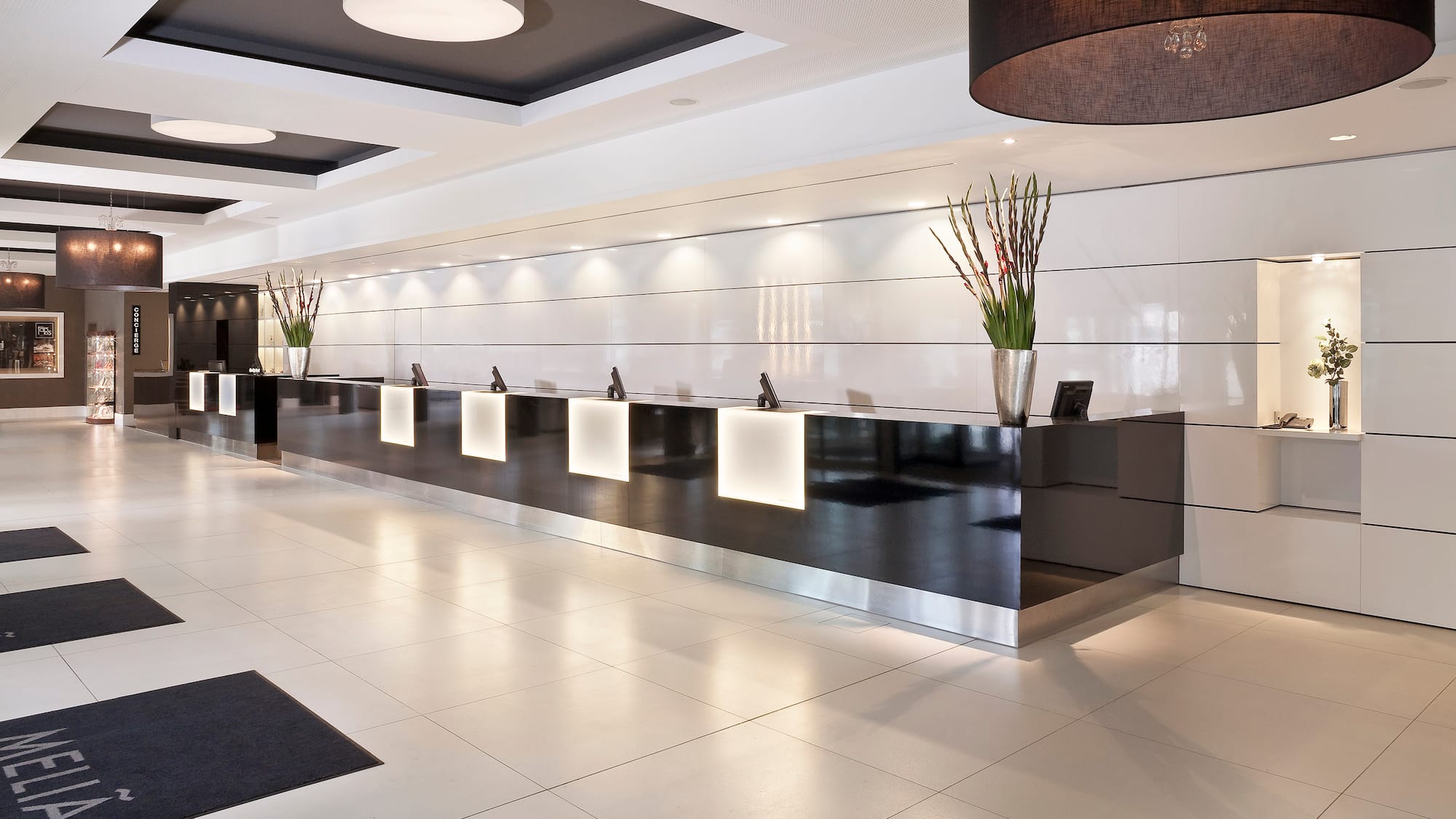 a reception desk in a hotel