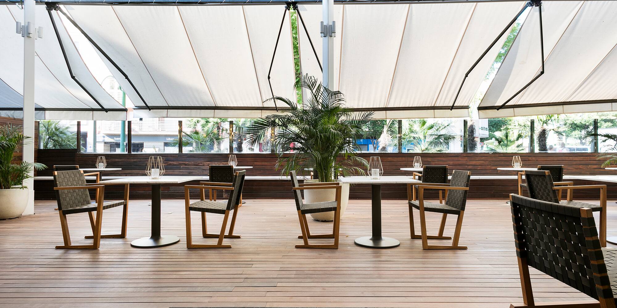 a table and chairs in a restaurant