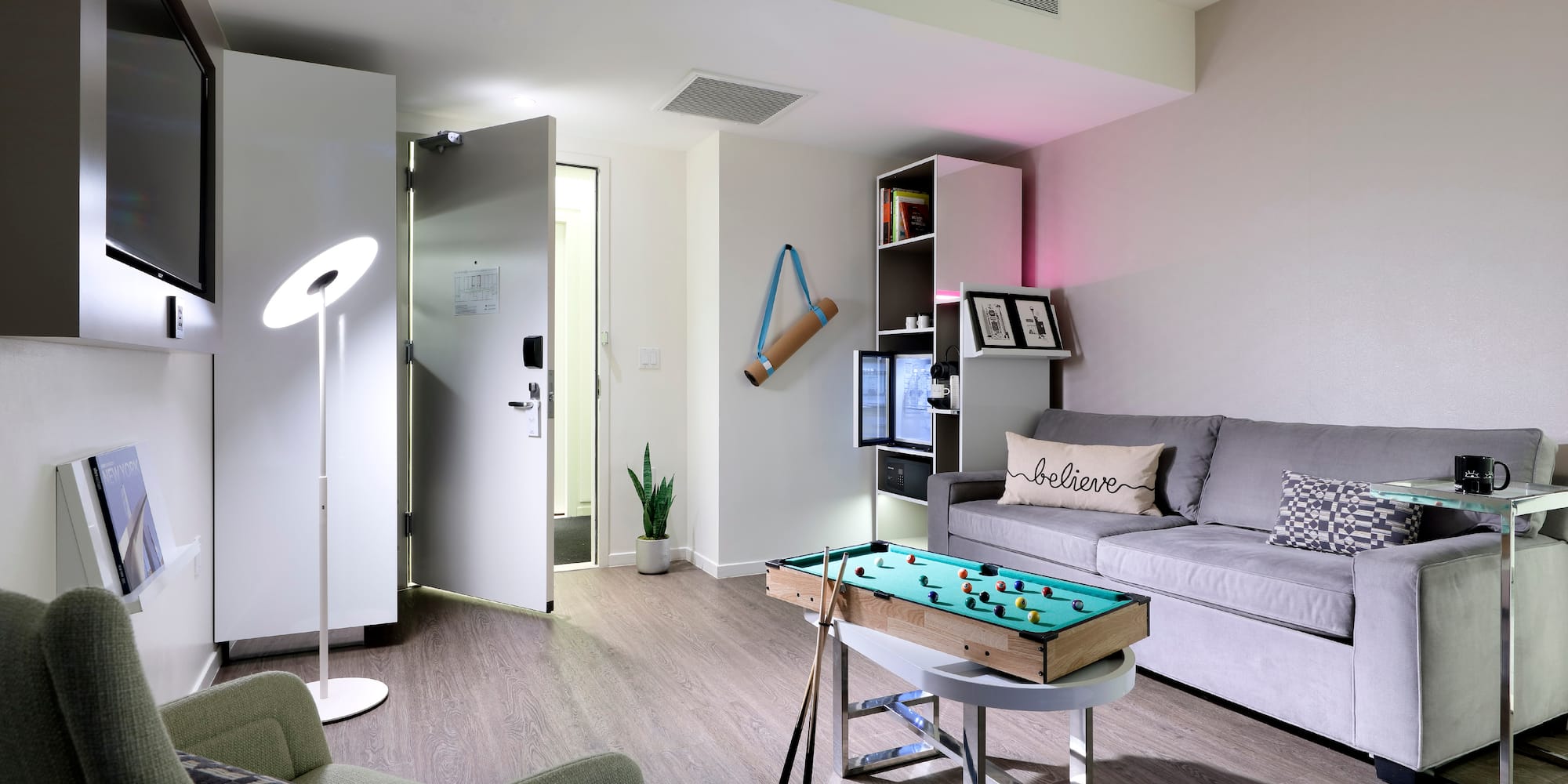 a room with a table and couch