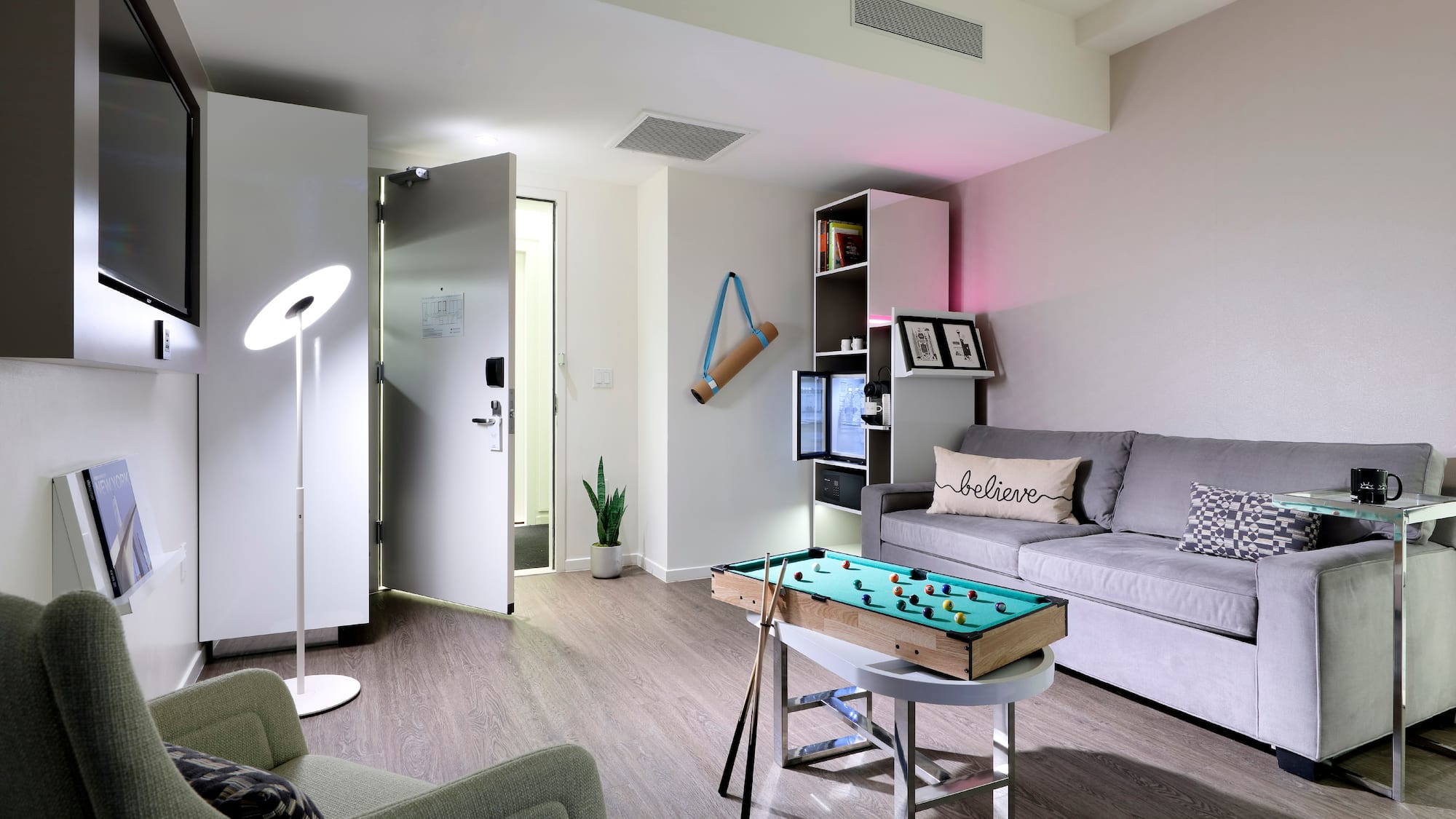 a room with a table and couch