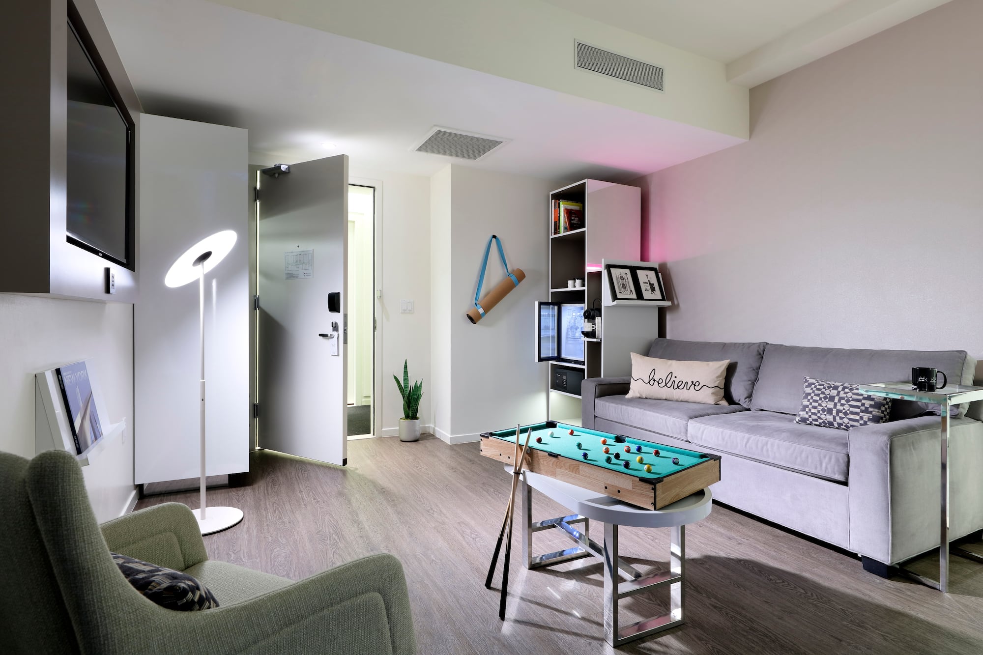 a room with a table and couch