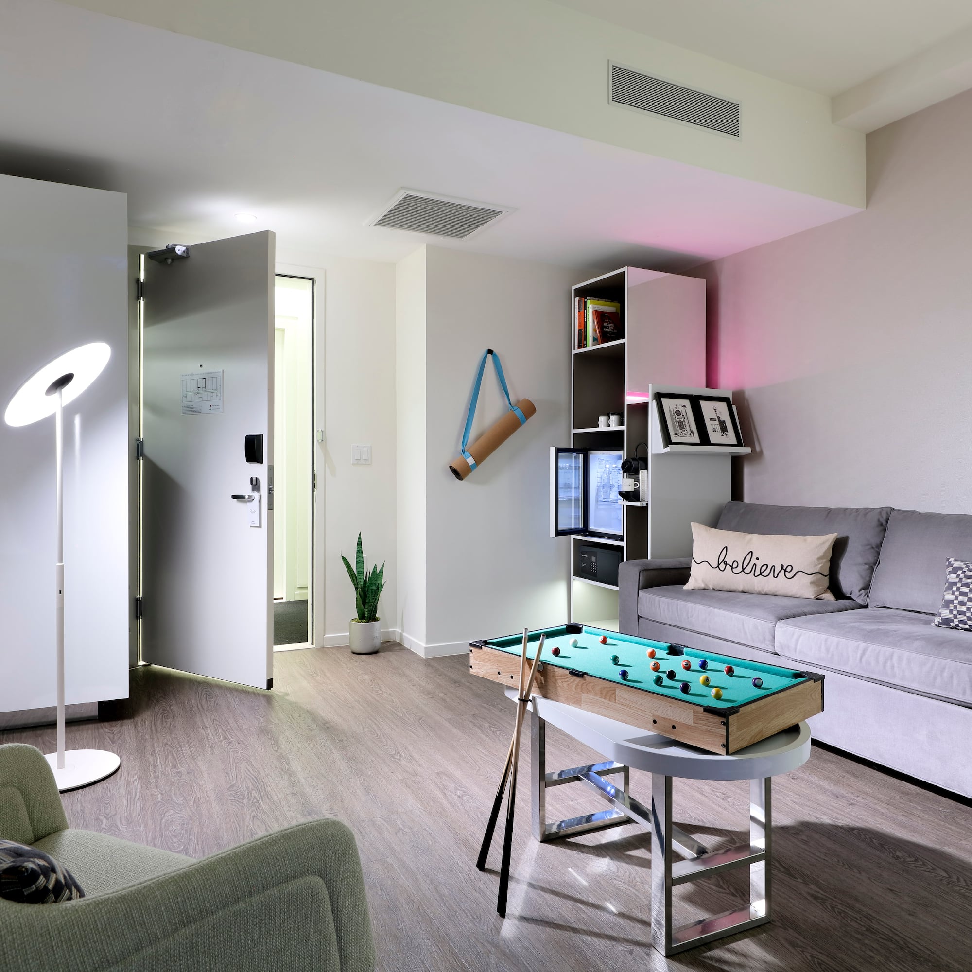 a room with a table and couch