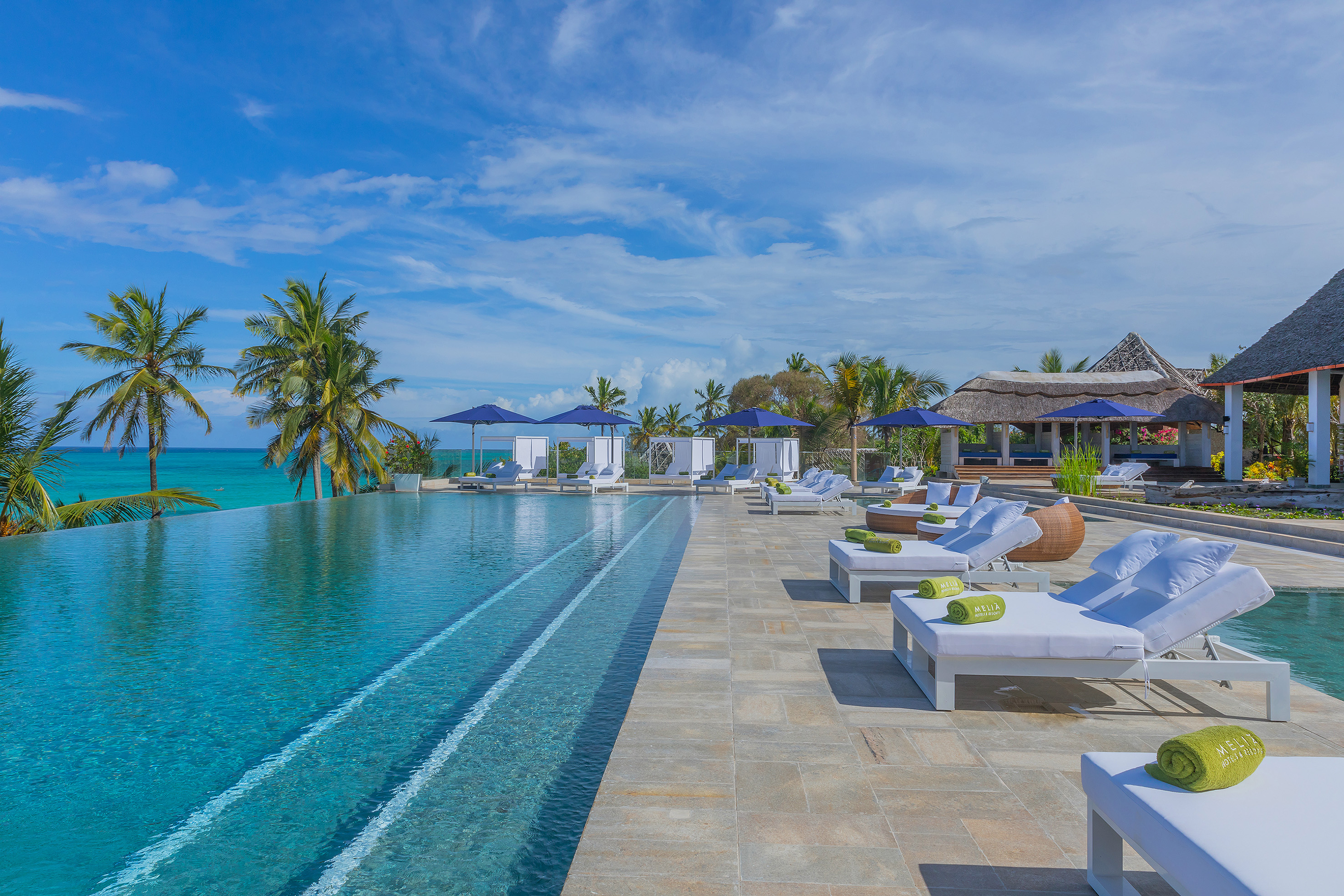 Infinity pool, ocean view, palm trees, white lounge chairs at tropical resort.