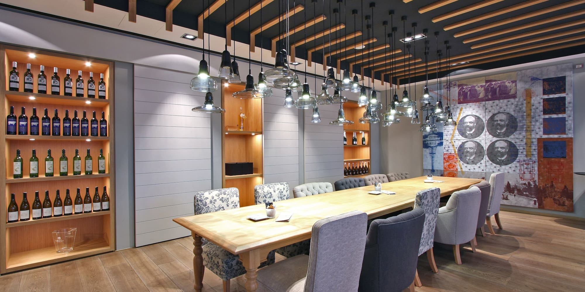 a room with a table and chairs