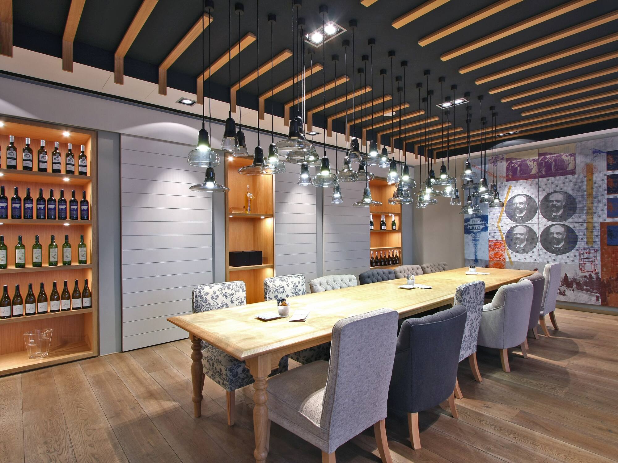 a room with a table and chairs