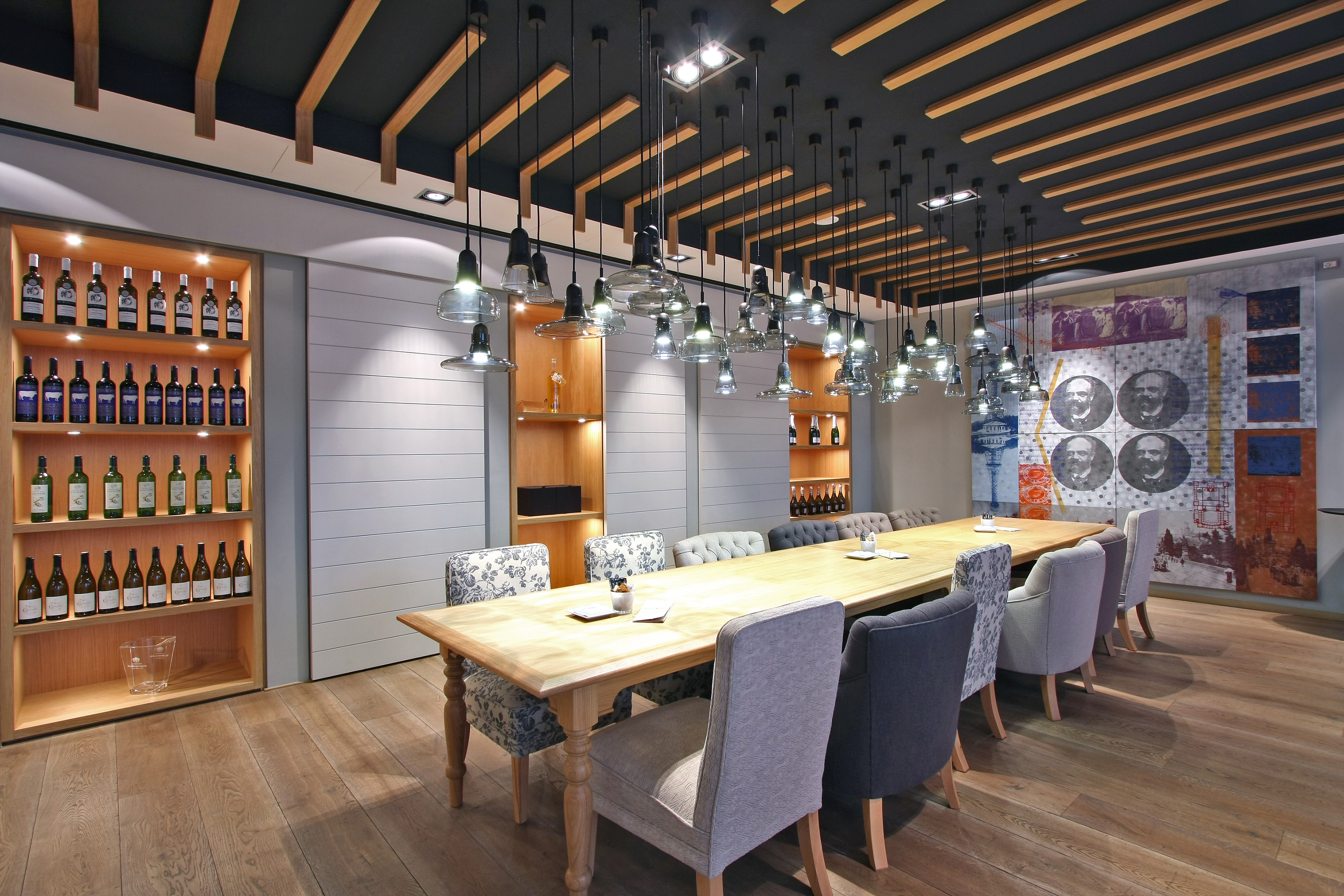 a room with a table and chairs