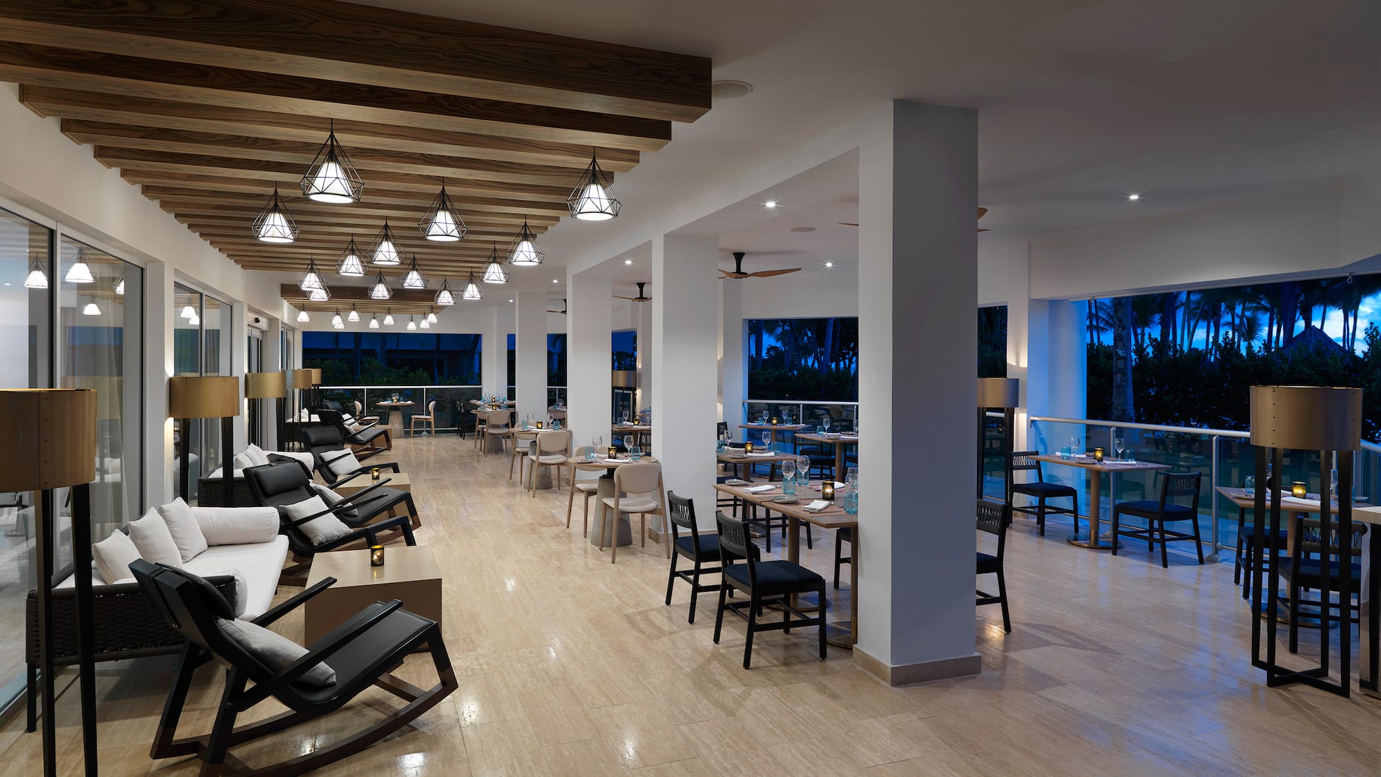 a room with chairs and tables