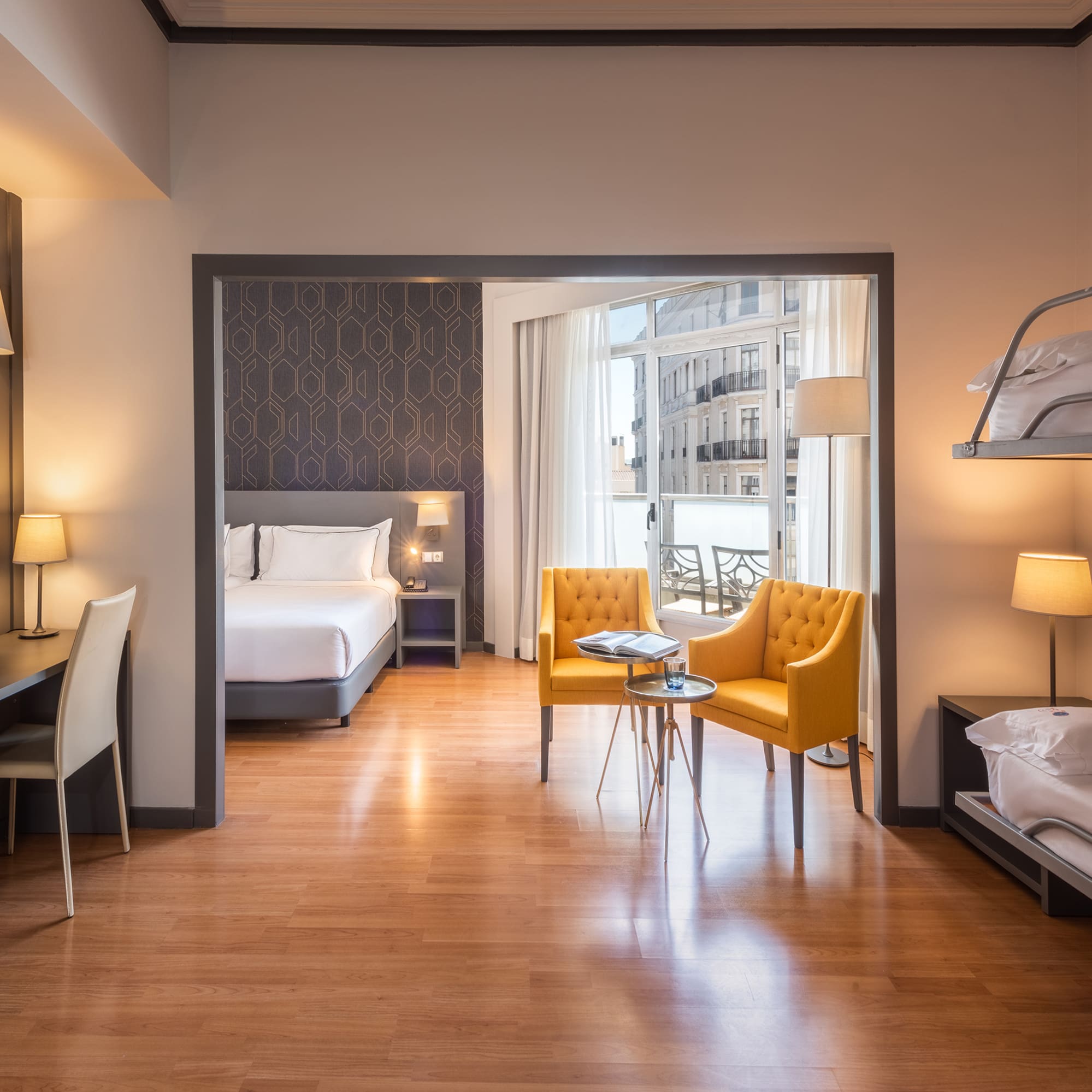 a room with a bed and a table