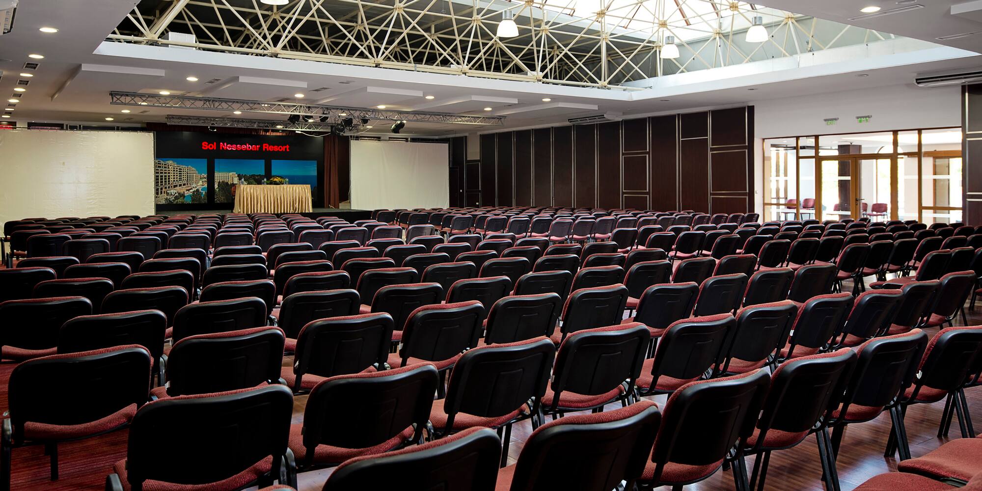a room with rows of chairs