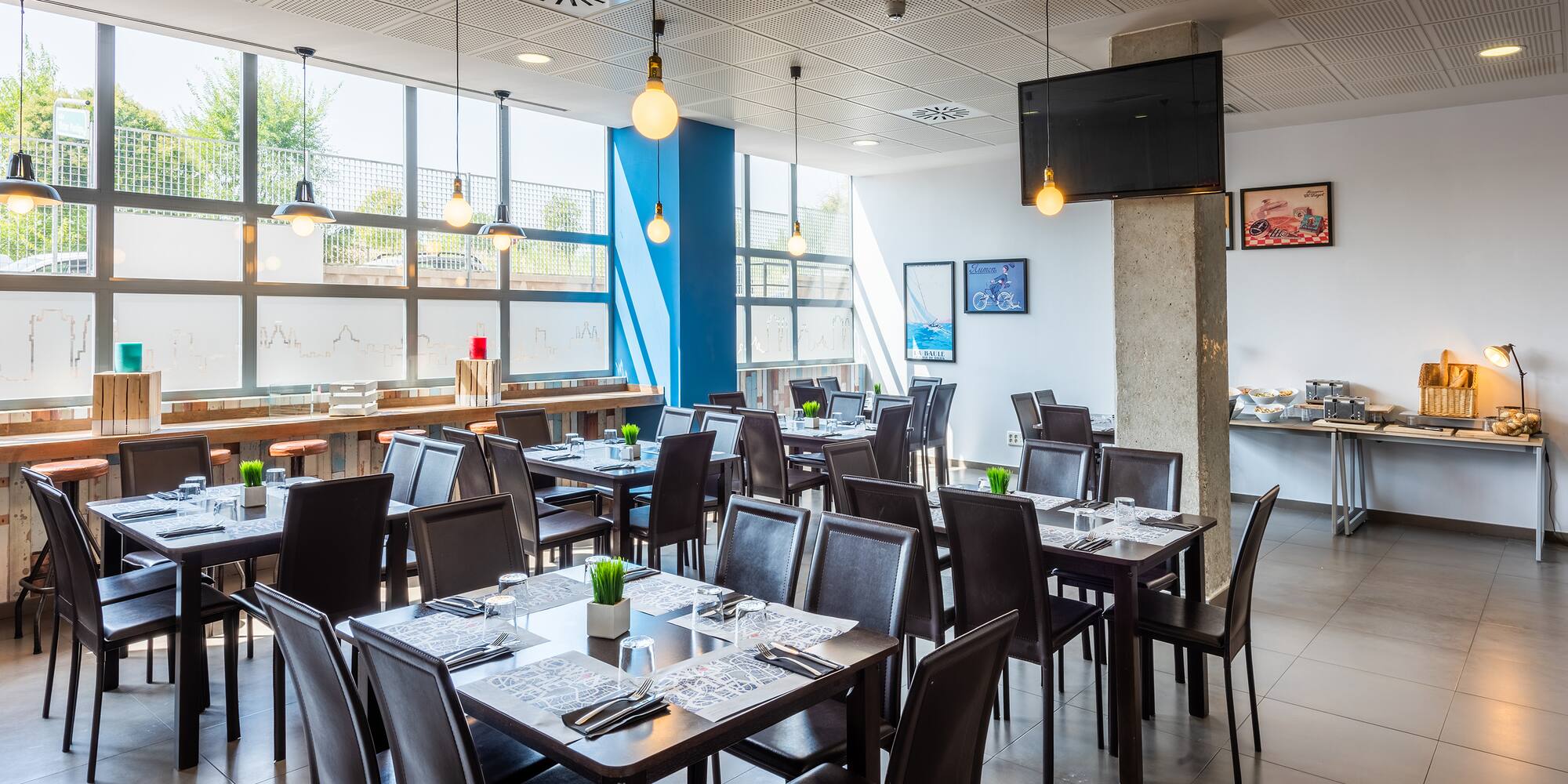 a room with tables and chairs