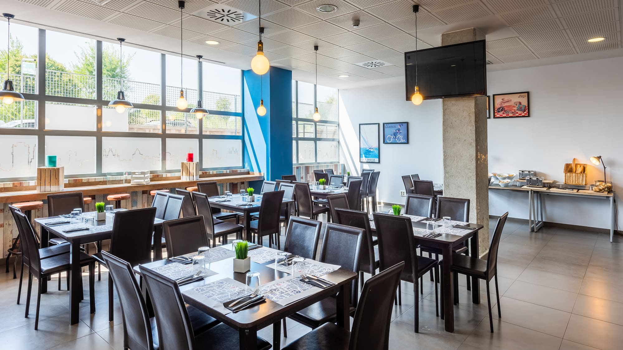 a room with tables and chairs