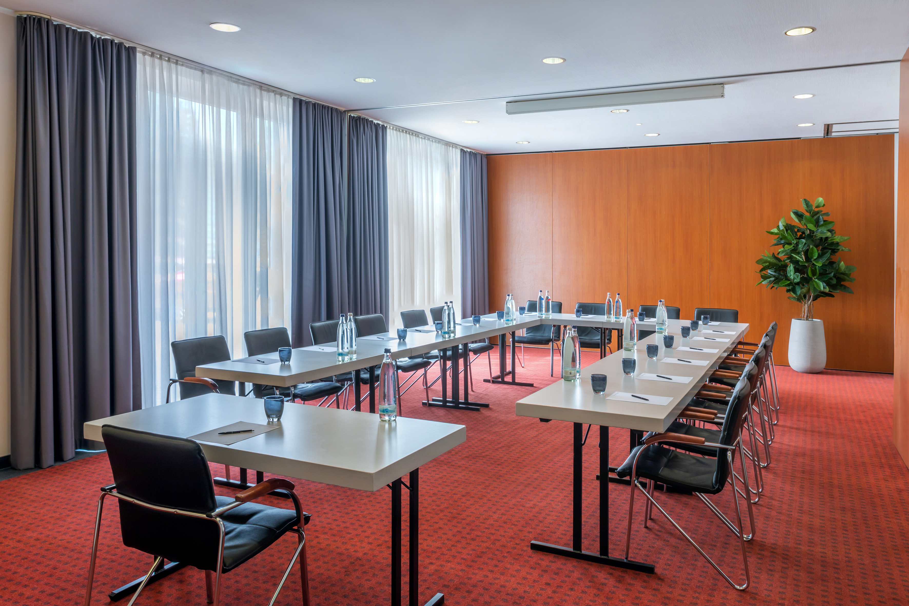 Conference room with U-shape table setup, red carpet, and natural light.